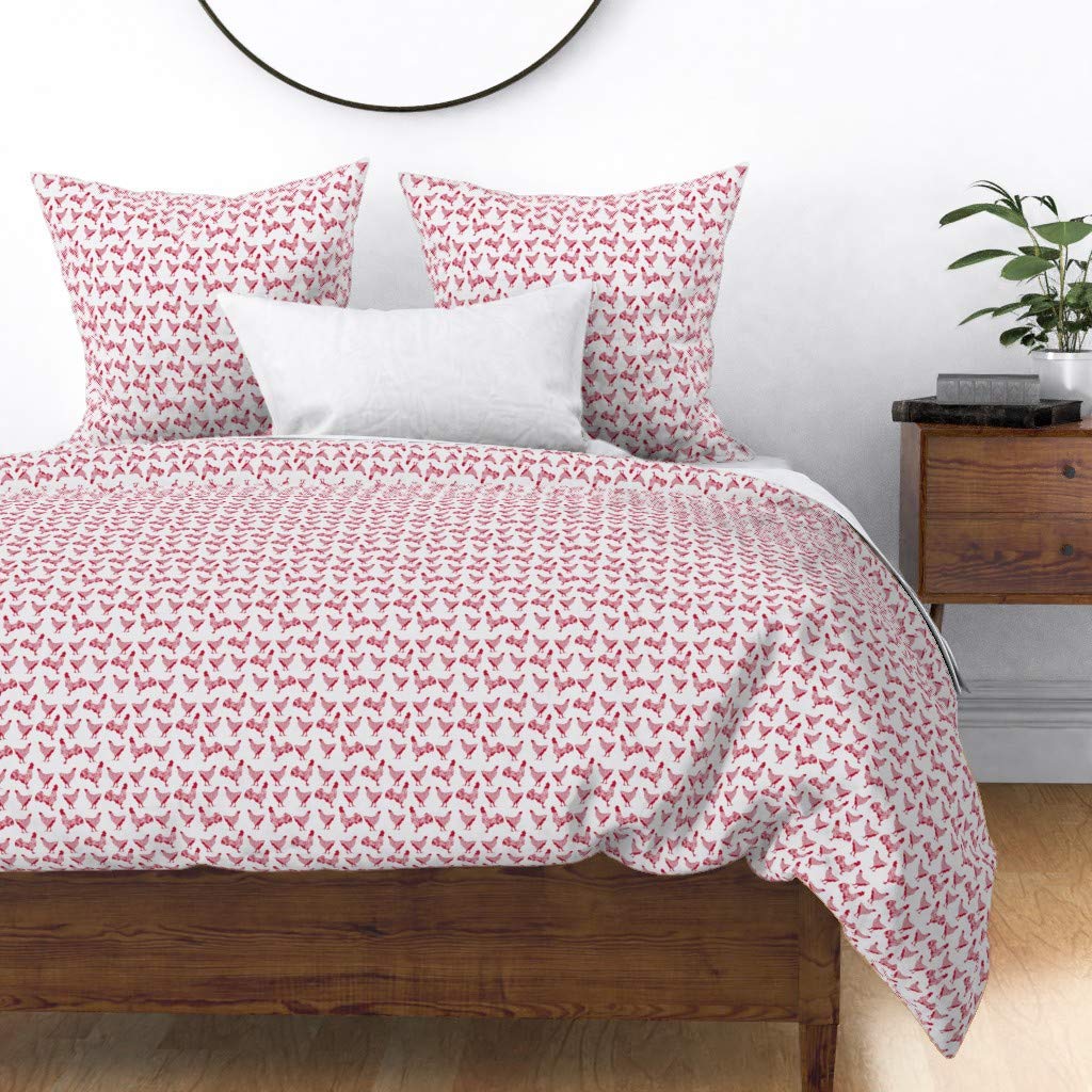 Premium Spoonflower Cotton Sateen Duvet Cover - Full/Queen Size Farmhouse Decor with Red Chicken White Farm Animal Print | Neutral Barn Theme Bedding for Cozy Farmhouse Bedrooms