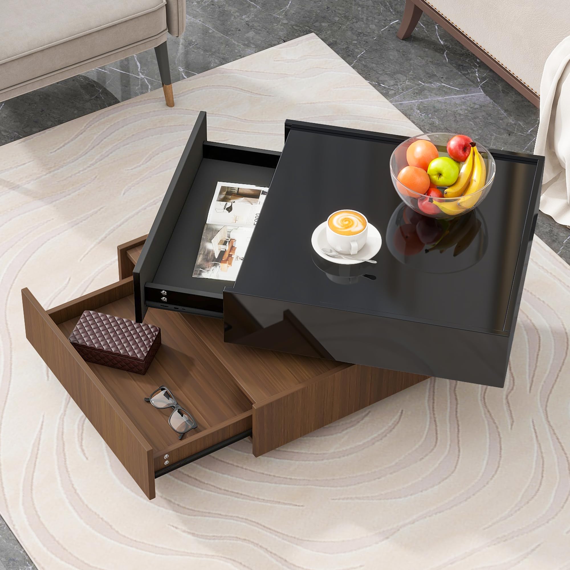 360° Rotating Modern Coffee Table with 2 Storage Drawers - Multi-Functional Square Center Table & Side Table for Living Room - High Gloss 2-Tier Design in Black & Walnut - Perfect for Small Spaces, Apartments & Home Decor