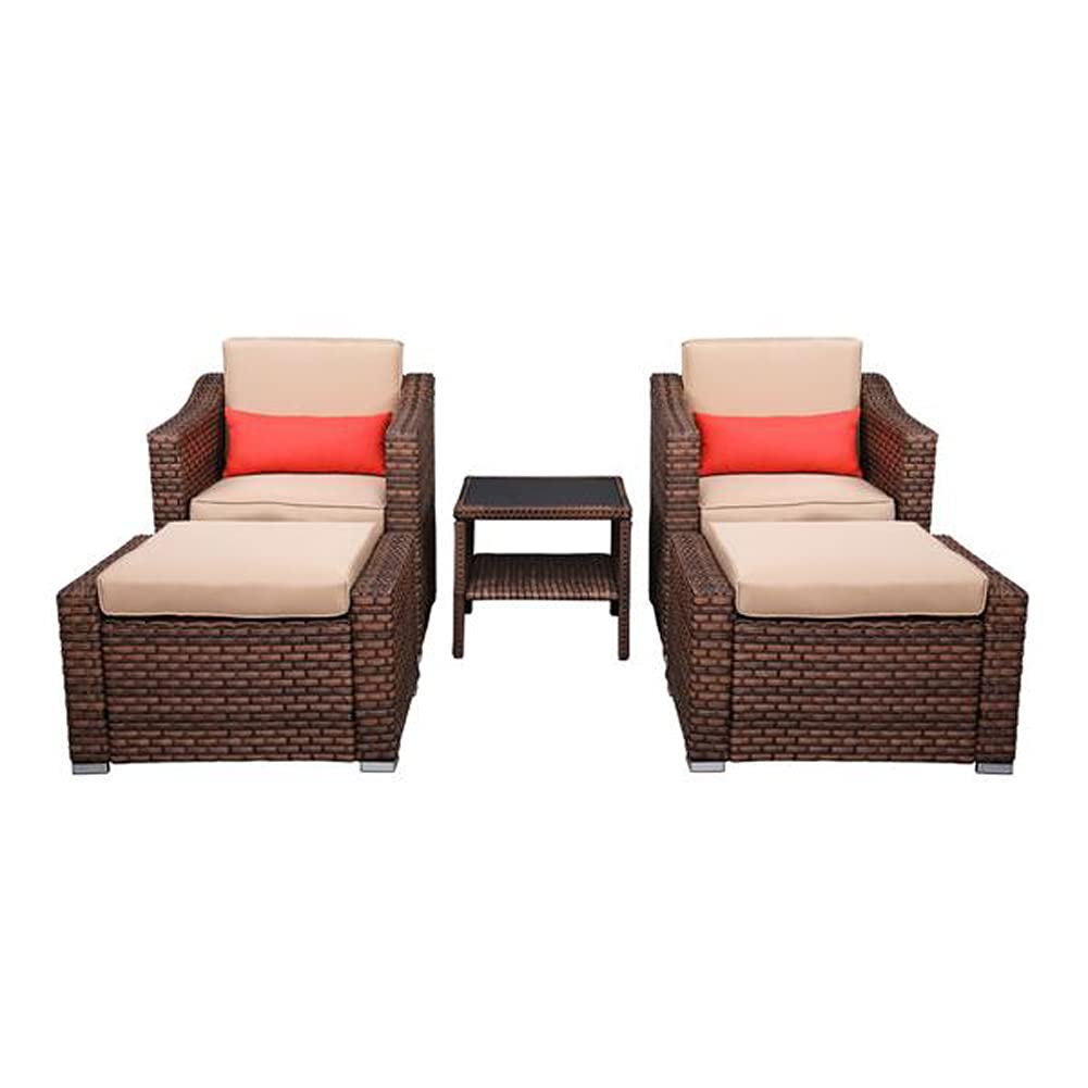 5-Piece Wicker Patio Furniture Set with Cushions & Ottoman - Outdoor Lounge Chairs, Side Table - Perfect for Balcony, Porch, Garden or Backyard Relaxation (Khaki)