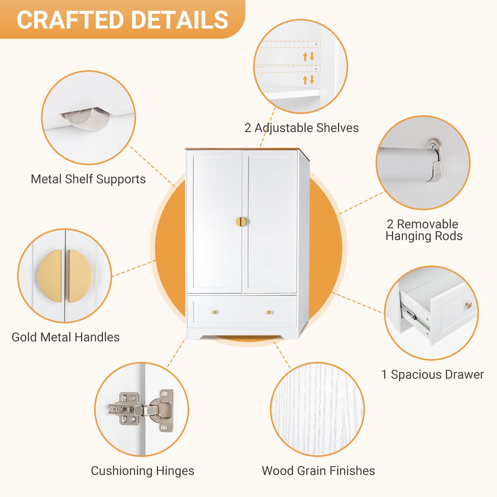 VINGLI 38 Inch Wide White Armoire Wardrobe with Hanging Rod, Shelves & Drawer - Freestanding Closet Organizer for Bedroom, Dorm, Apartment - 21