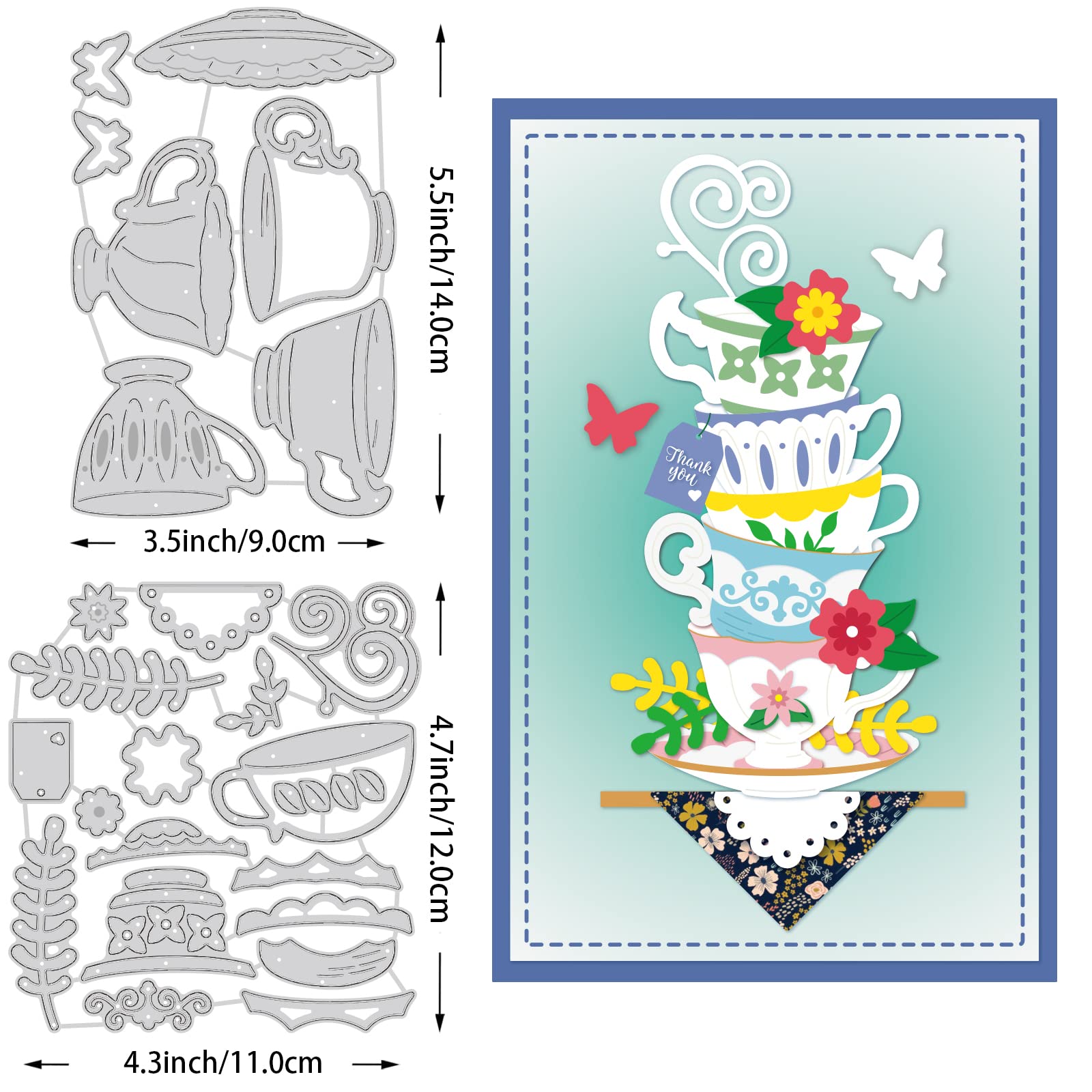 Premium BENECREAT Tea Cup Frame Metal Die Cuts - Butterfly & Floral Design Carbon Steel Craft Stencils (0.8mm Thick) for DIY Scrapbooking, Card Making, Photo Albums & Paper Crafts - Perfect for Wedding Invitations, Home Decor & Gift Packaging