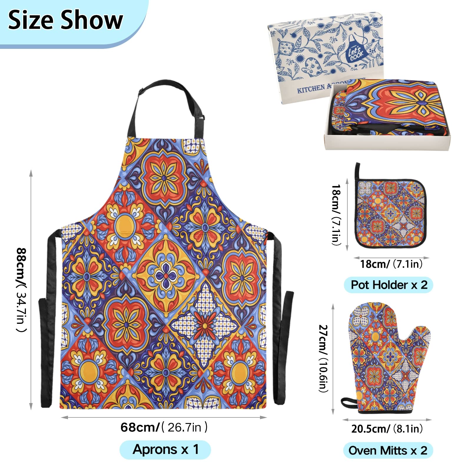 Mexican Talavera Tile Print Kitchen Linen Set - Cooking Apron, 2 Potholders & 2 Oven Mitts - Chef Accessories for Men & Women - Perfect for Cooking, Baking and Kitchen Decor