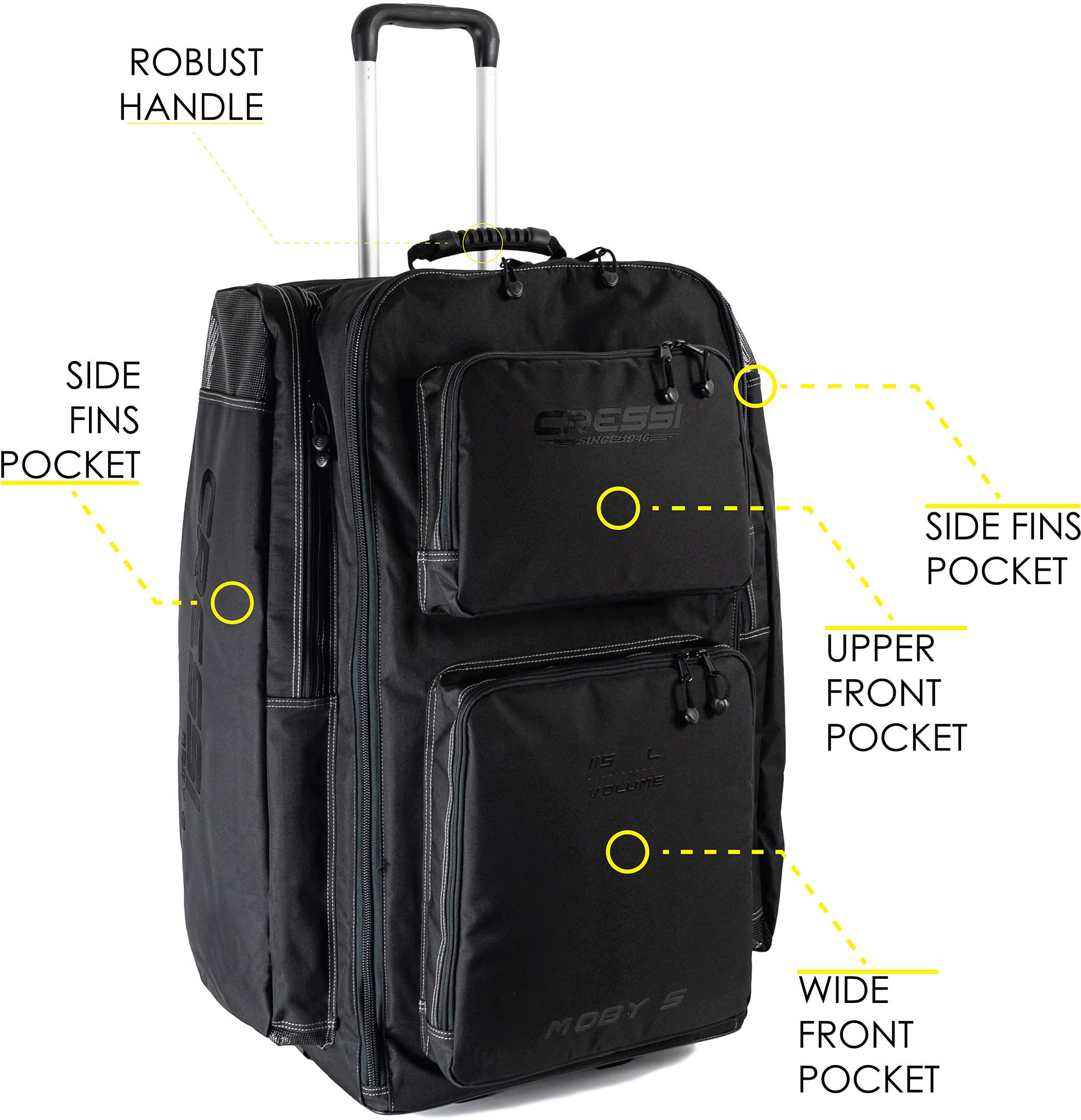 Cressi Strong Large Capacity 115L Roller Luggage Bag with Backpack Straps - Moby 5 Italian Designed Travel Suitcase for Airplane, Cruise & Business Trips