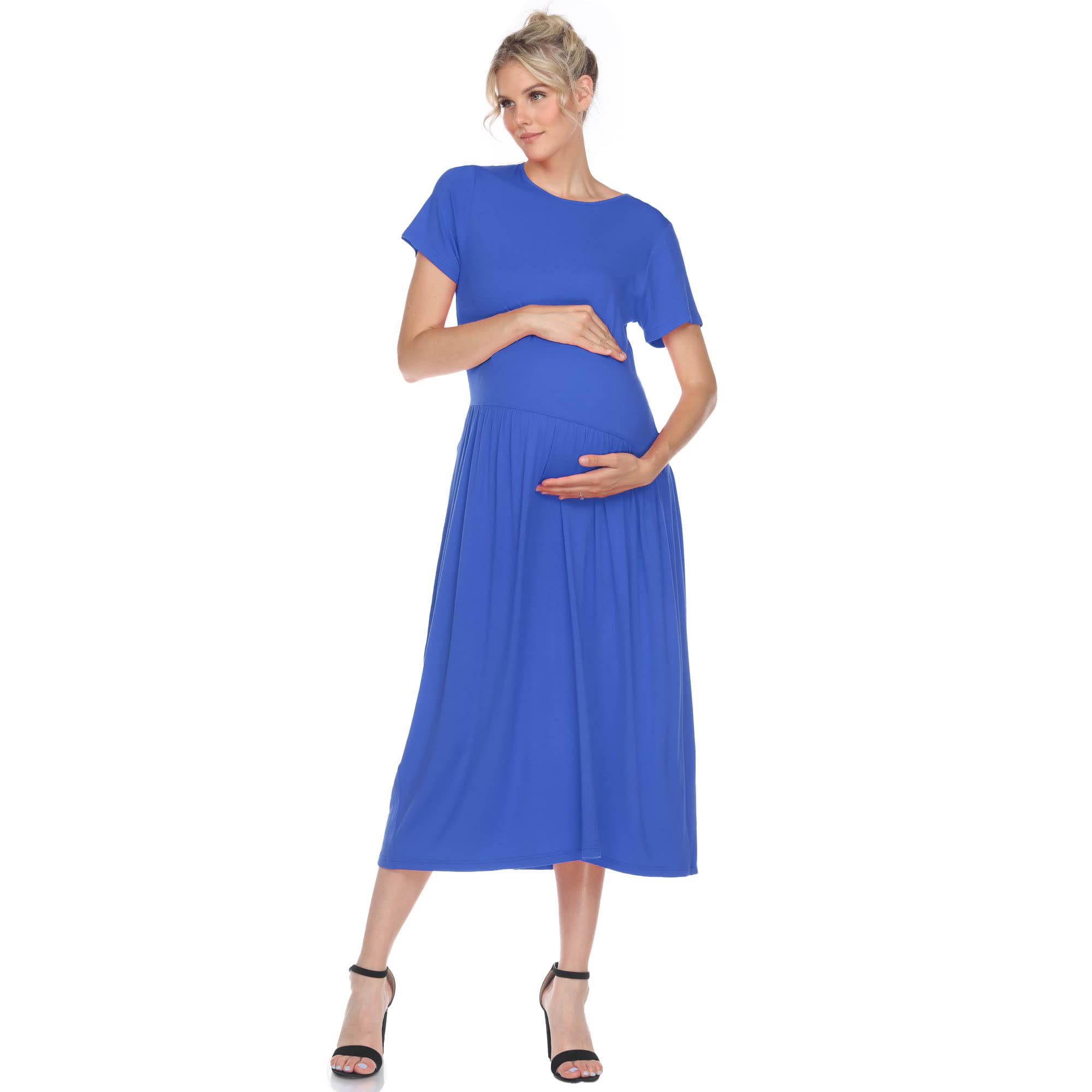 White Mark Women's Maternity Short Sleeve Jewel Neck Midi Dress - Comfortable Pregnancy Dress for Baby Shower, Maternity Photo Shoot & Everyday Wear