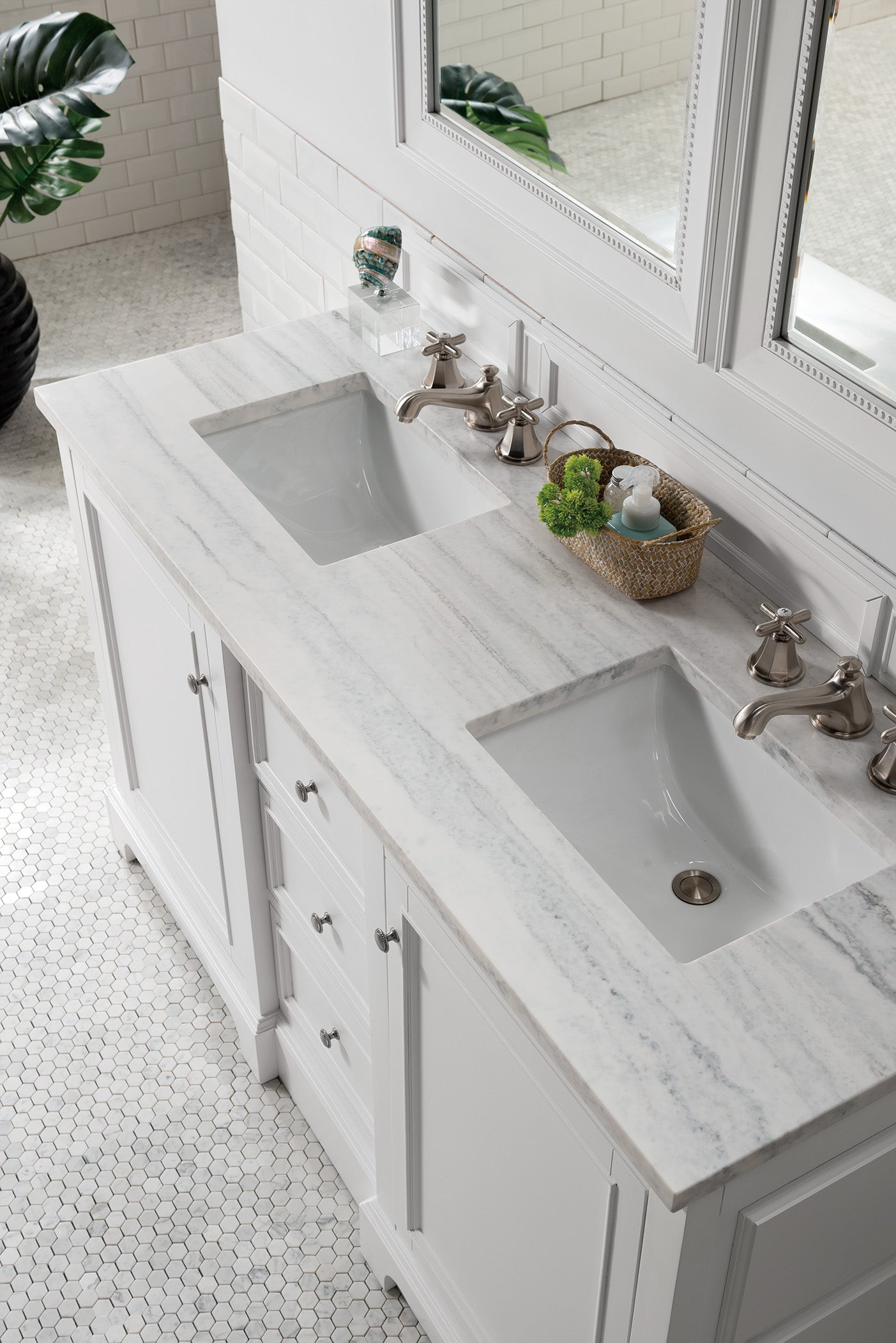 De Soto 60 Inch Double Vanity with 3CM Arctic Fall Solid Surface Top in Bright White - Perfect for Modern Bathroom Renovations and Master Suite Upgrades