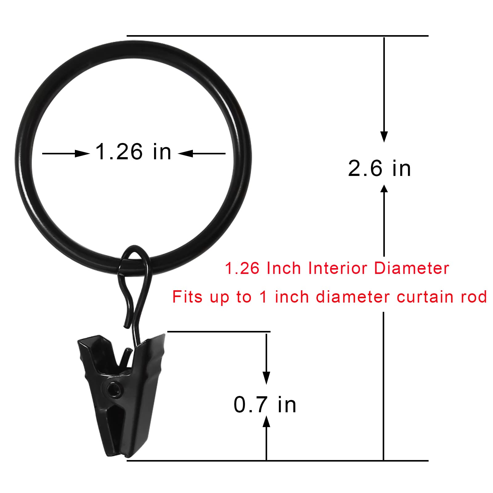 40 Pack Black Curtain Rings with Clips - 1.26 Inch Inner Diameter Drapery Hooks for Hanging Drapes, Bows & Hats - Fits 1 Inch Curtain Rods - Perfect for Living Room, Bedroom & Window Decor
