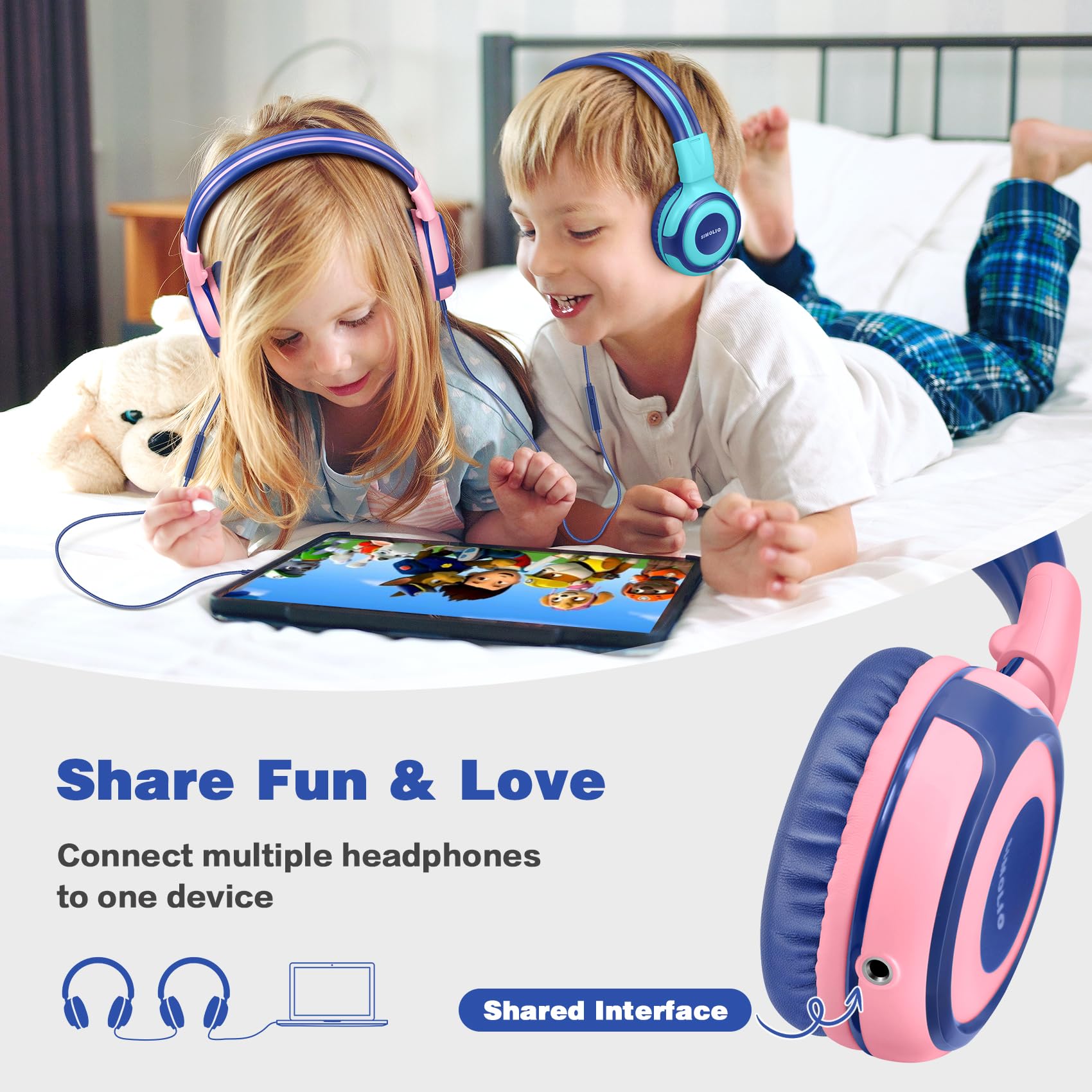 SIMOLIO Volume Limited Kids Headphones with Microphone & Share Port - 75-85-94dB Safe Sound Level, Wired Children Headset for Boys Girls - Perfect for School, Travel, Online Learning & Gaming