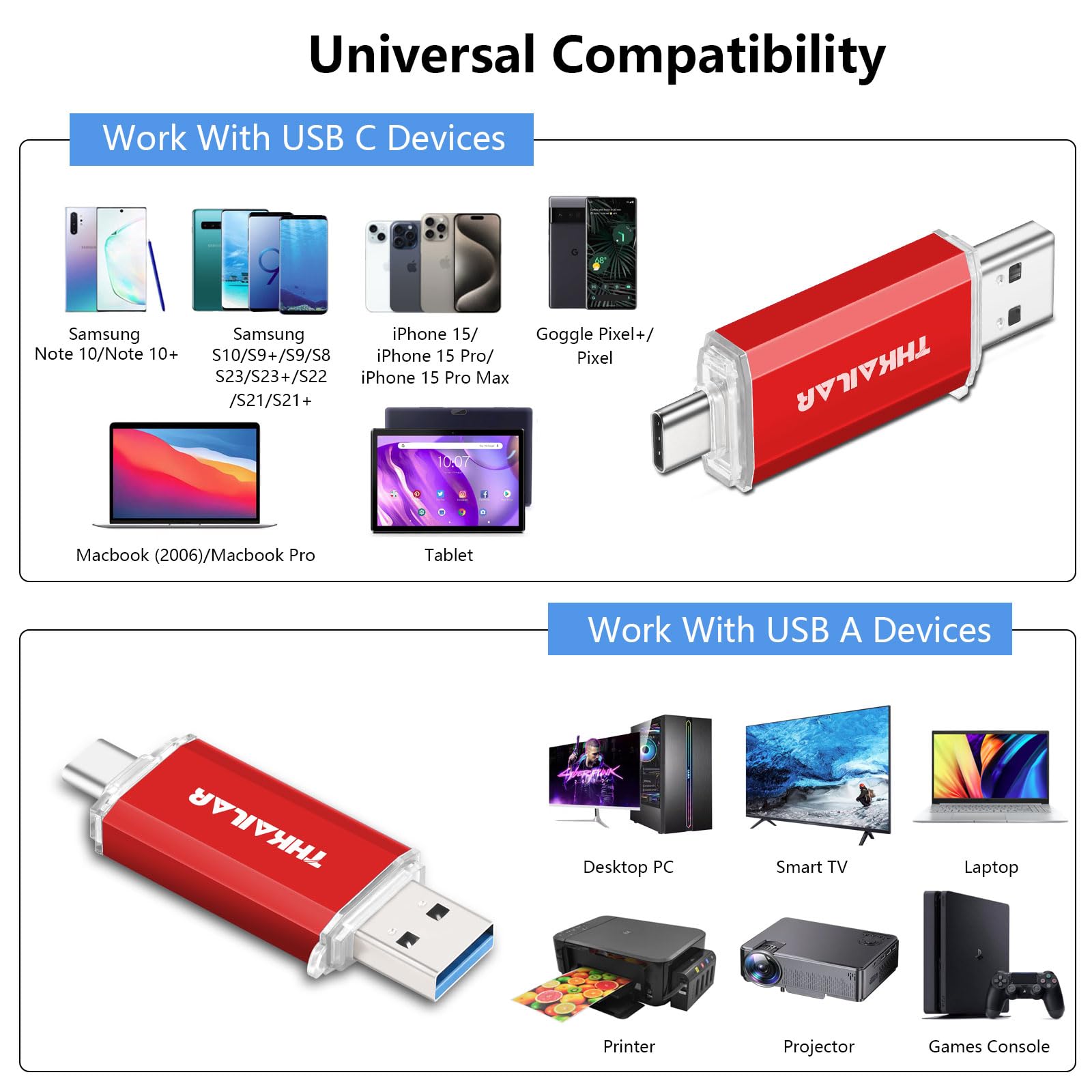128GB USB C Flash Drive 3.1 Gen 1 - Dual USB A & C OTG Thumb Drive - High Speed External Memory Stick for PC, Android, Laptop, Tablet - Perfect for Work, School & Travel Data Storage (Red)