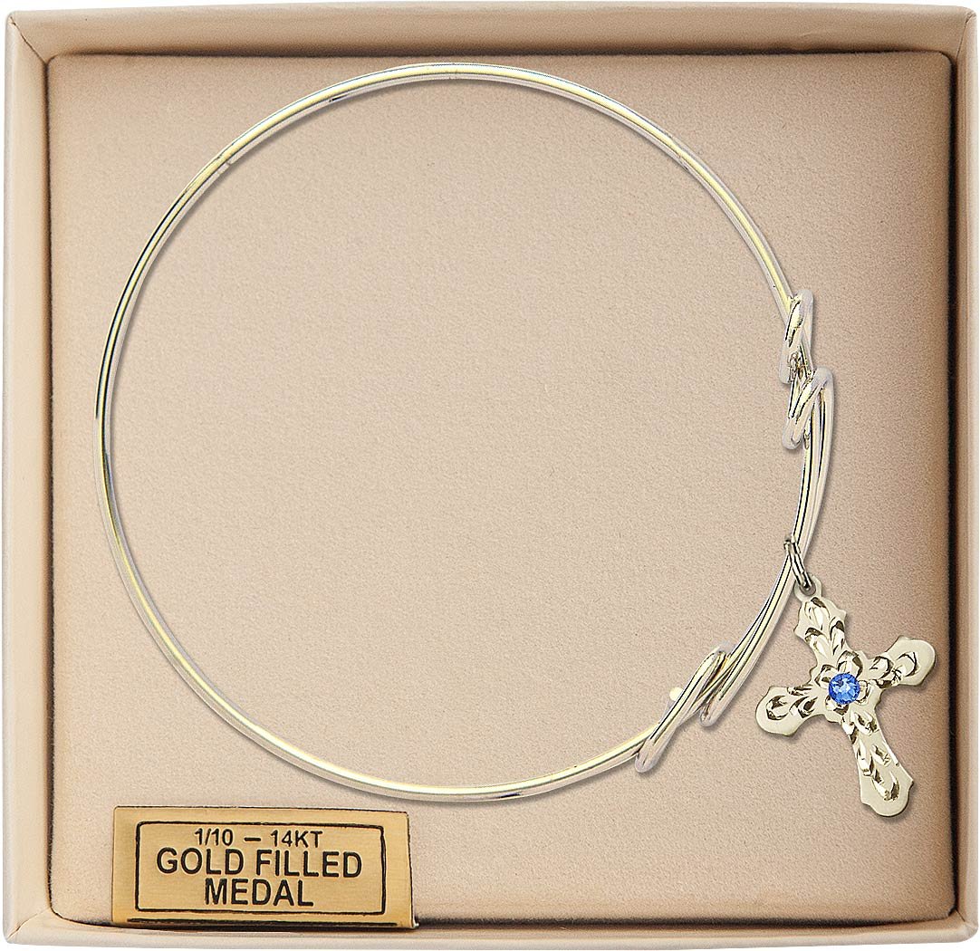 8 1/2 Inch Round Double Loop Bangle Bracelet with Cross Charm & September Birthstone Blue Crystal - Perfect for Birthday Gifts, Anniversary Jewelry and Everyday Fashion Accessories