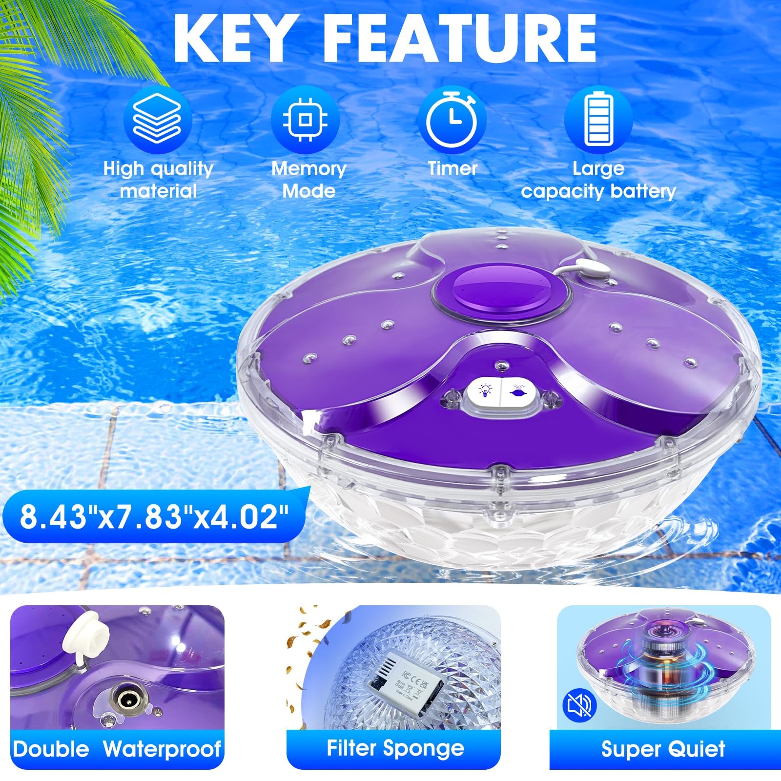 2025 Upgraded Rechargeable Floating Pool Fountain with Remote & LED Lights - Anchor Included for Above Ground & Inground Swimming Pools - Perfect for Backyard Parties, Night Swimming & Pool Decor (Purple, 1PC)