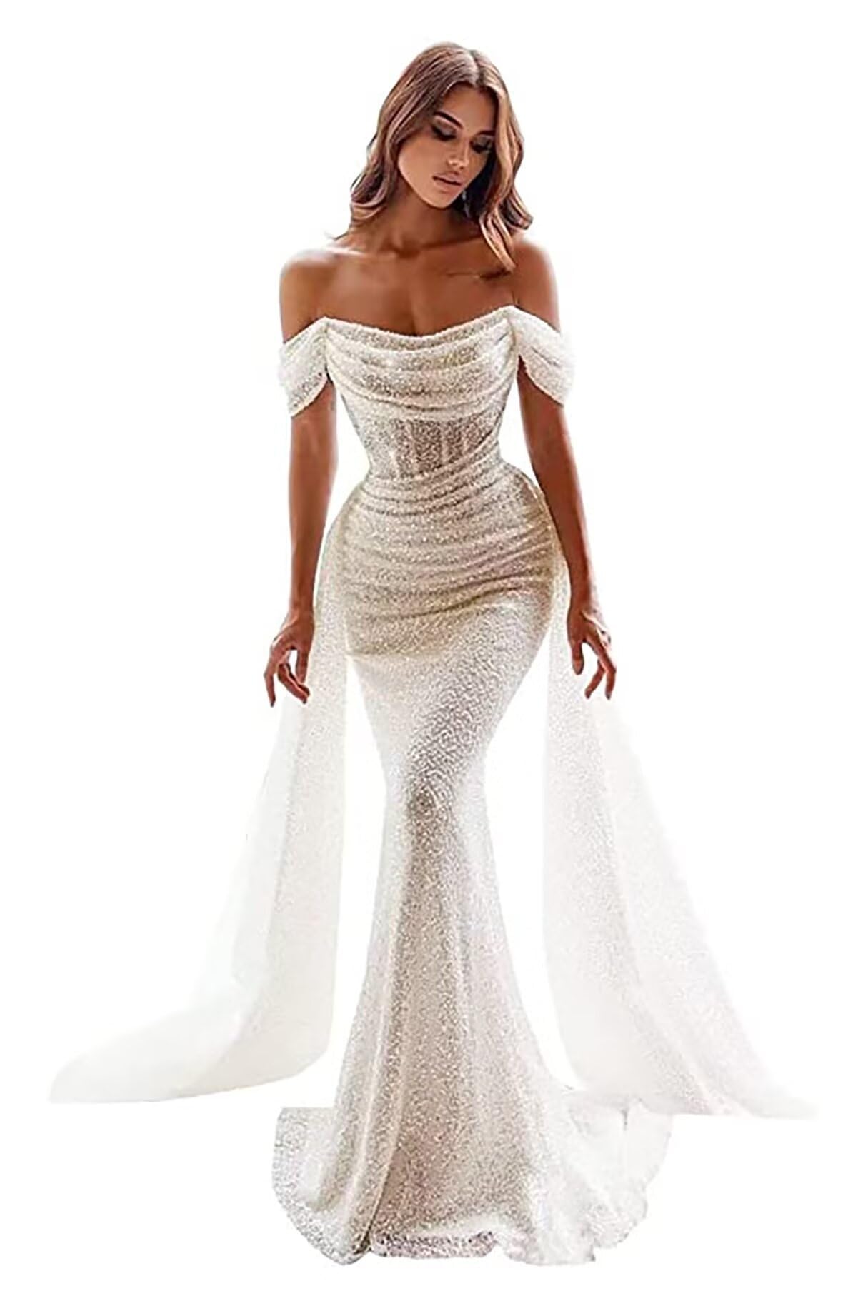 Elegant Off Shoulder Long Mermaid Wedding Dress with Sparkly Sequins - Romantic Beach & Church Ceremony Gown for Women (DR0001-13)