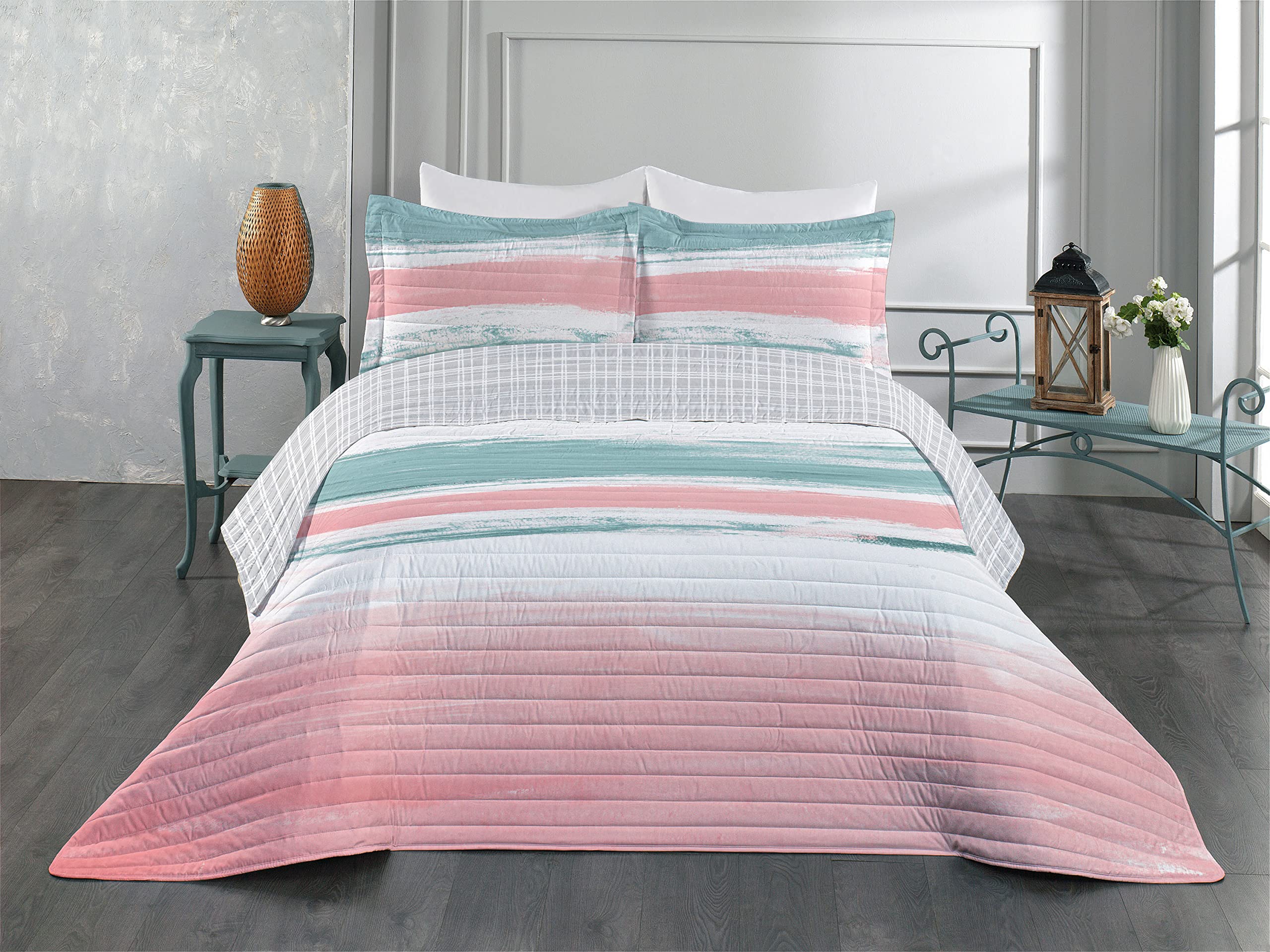 Ambesonne Reversible Queen Size Bedspread Set - Modern Abstract Watercolor Design with Brush Stroke Effects, Microfiber Comforter & Pillow Shams, Pale Teal Blush Coconut | Perfect for Bohemian & Contemporary Bedroom Decor