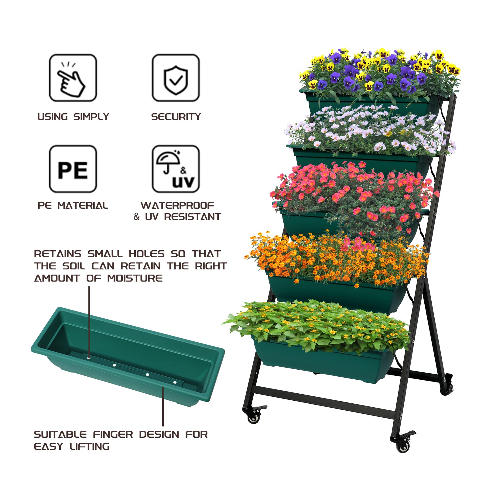 5-Tier Vertical Raised Garden Bed - Freestanding Elevated Planter Box with Drain Holes for Outdoor/Indoor Gardening - Grow Flowers, Vegetables, Herbs on Patio, Balcony or Greenhouse (Green) - Perfect for Small Space Gardening & Urban Farming