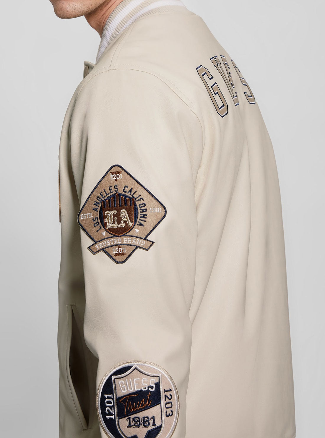Beige Varsity Bomber Jacket for Men - Retro Baseball Letterman Jacket with Ribbed Cuffs - Casual Outerwear for College, Streetwear & Fall Fashion
