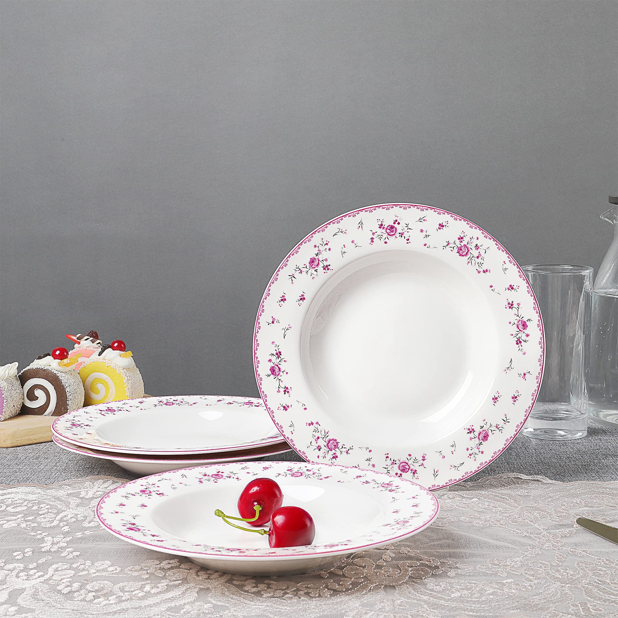 Fanquare 8 Inch Porcelain Soup Bowls Set of 4 - Round Pasta Plates for Salad, Dessert, Snack - Pink Roses Floral Design - Perfect for Dining, Entertaining, and Gift Giving