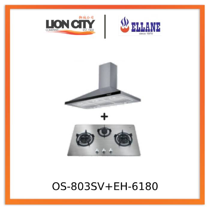 Ellane EH 6180 90cm Stainless Steel Range Hood with Ellane OS 803SV 86cm 3-Burner Gas Cooktop - Modern Kitchen Ventilation & Cooking Solution for Home Chefs