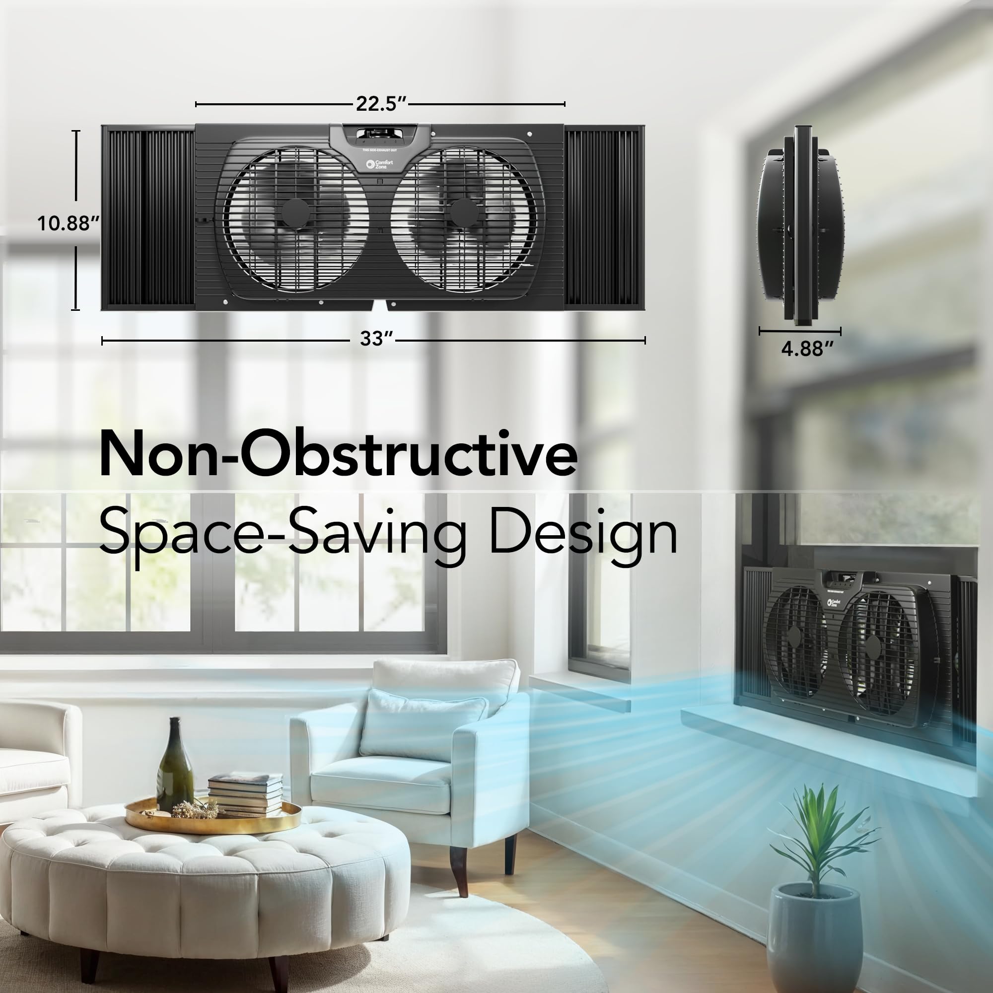 9 Inch Dual Window Fan with 3 Speed Settings - Auto-Locking Expanders & Removable Bug Screen - Quiet Cooling for Bedroom, Office & Home - Black (Ideal for Summer Cooling & Air Circulation)