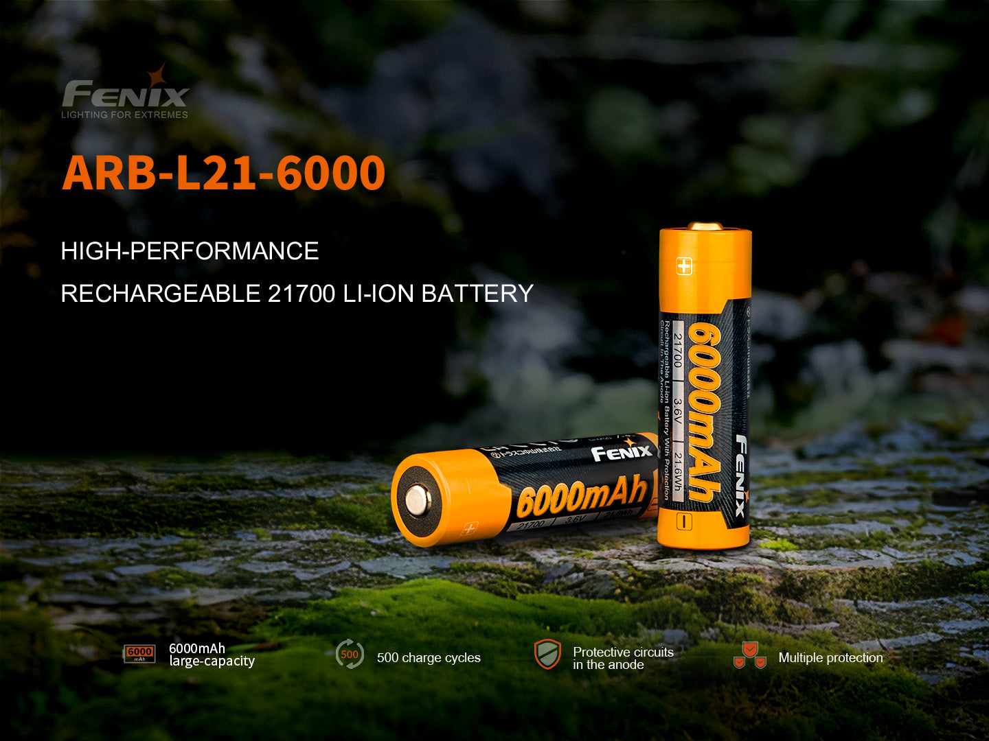 Fenix ARB L21 6000 Rechargeable 21700 Lithium-ion Battery - 6000mAh High Capacity Flashlight Battery for Outdoor Camping, Hiking & Emergency Use