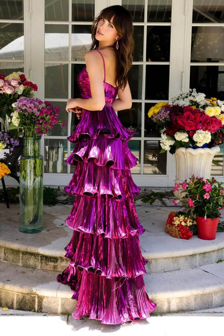 Ava Presley Metallic Tiered Keyhole Gown - Elegant Evening Dress for Prom, Wedding & Formal Events