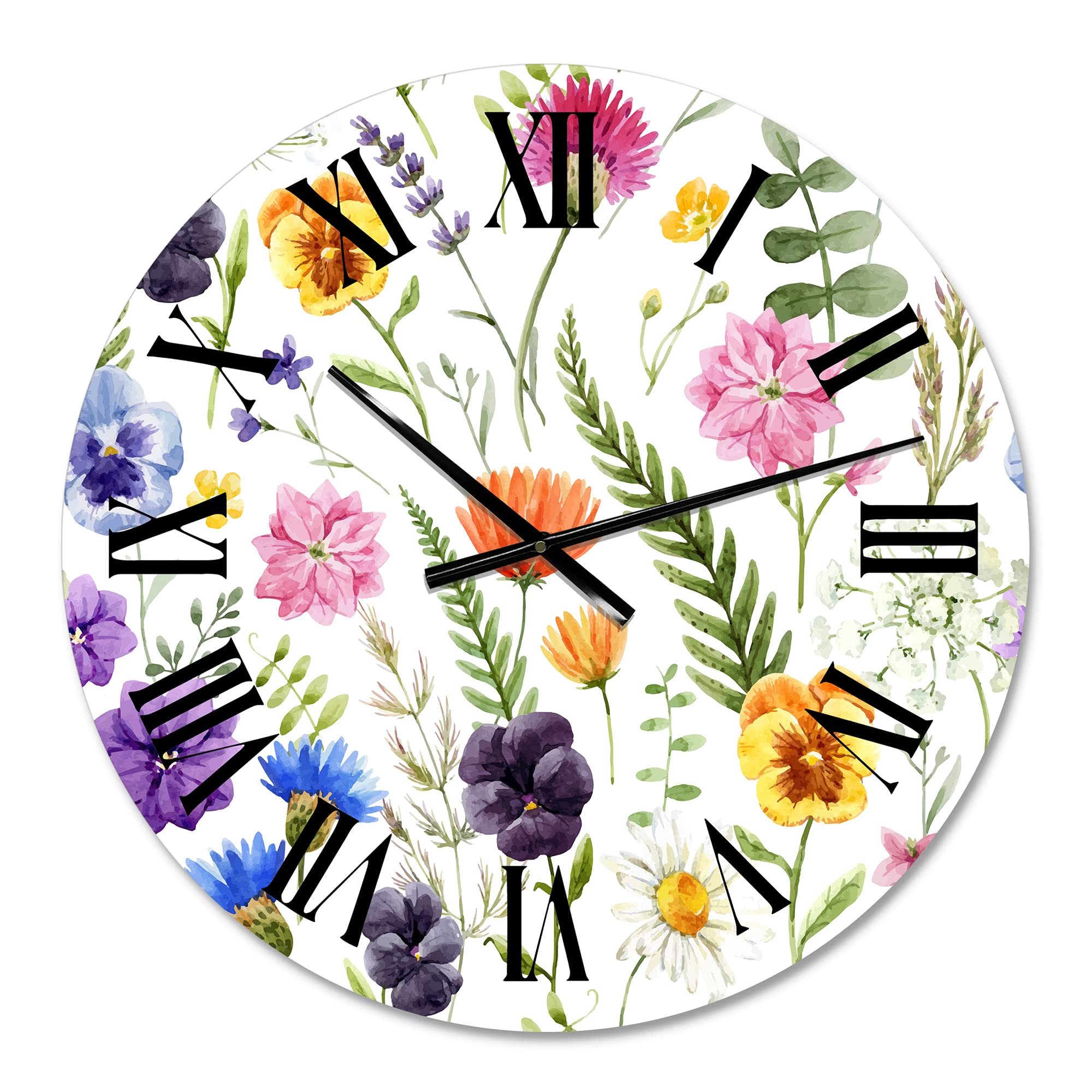 DesignQ Traditional Wildflowers Floral Wall Clock - Large Decorative Clock for Home, Office & Living Room Decor | Perfect for Farmhouse, Bedroom & Kitchen