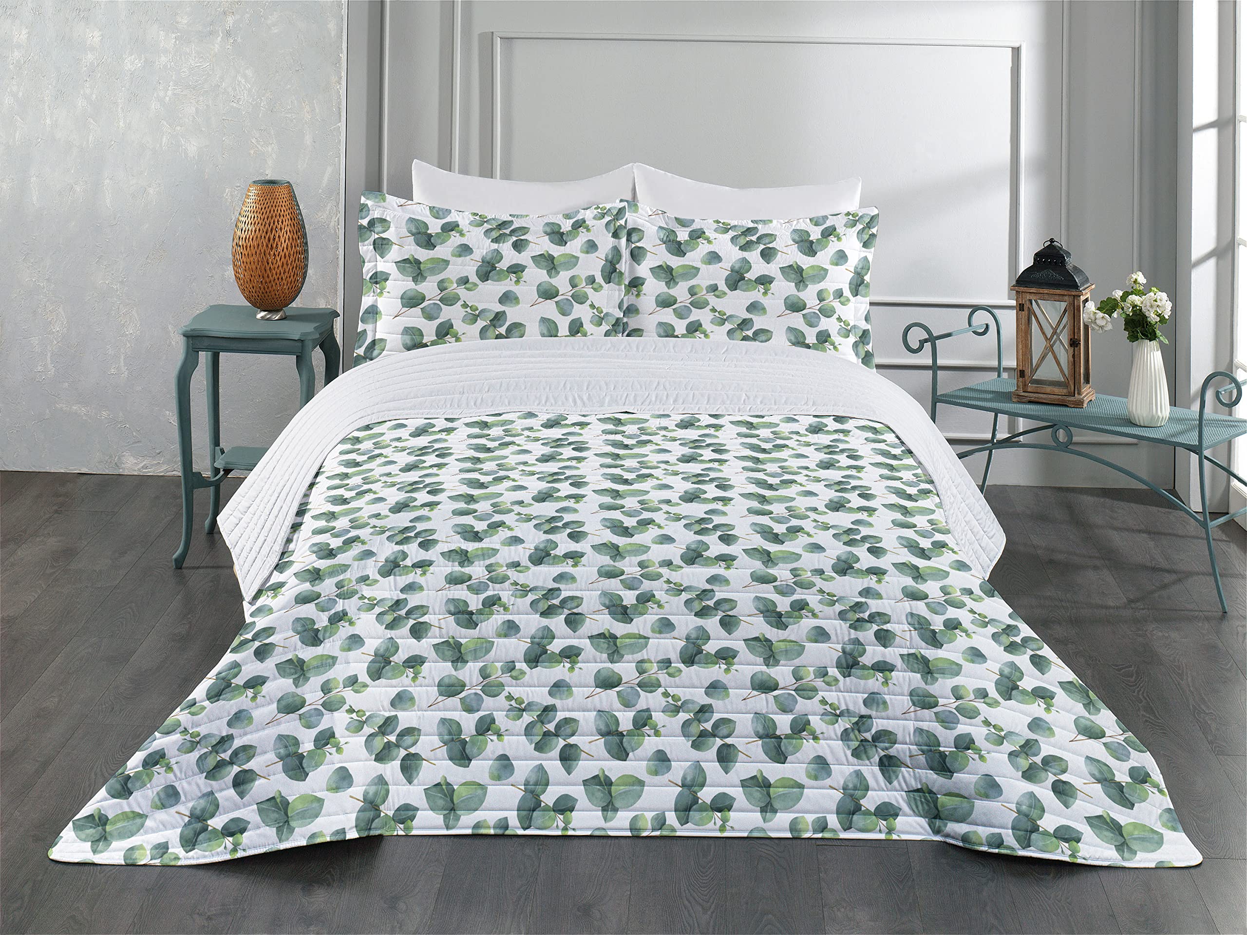 Ambesonne Watercolor Eucalyptus Leaf Microfiber Bedspread Set - Queen Size Soft Bedding with Pillow Shams & Comforter in Green, Pale Brown & White | Perfect for Bohemian Bedroom Decor, Guest Room Makeover & Cozy Fall Bedding