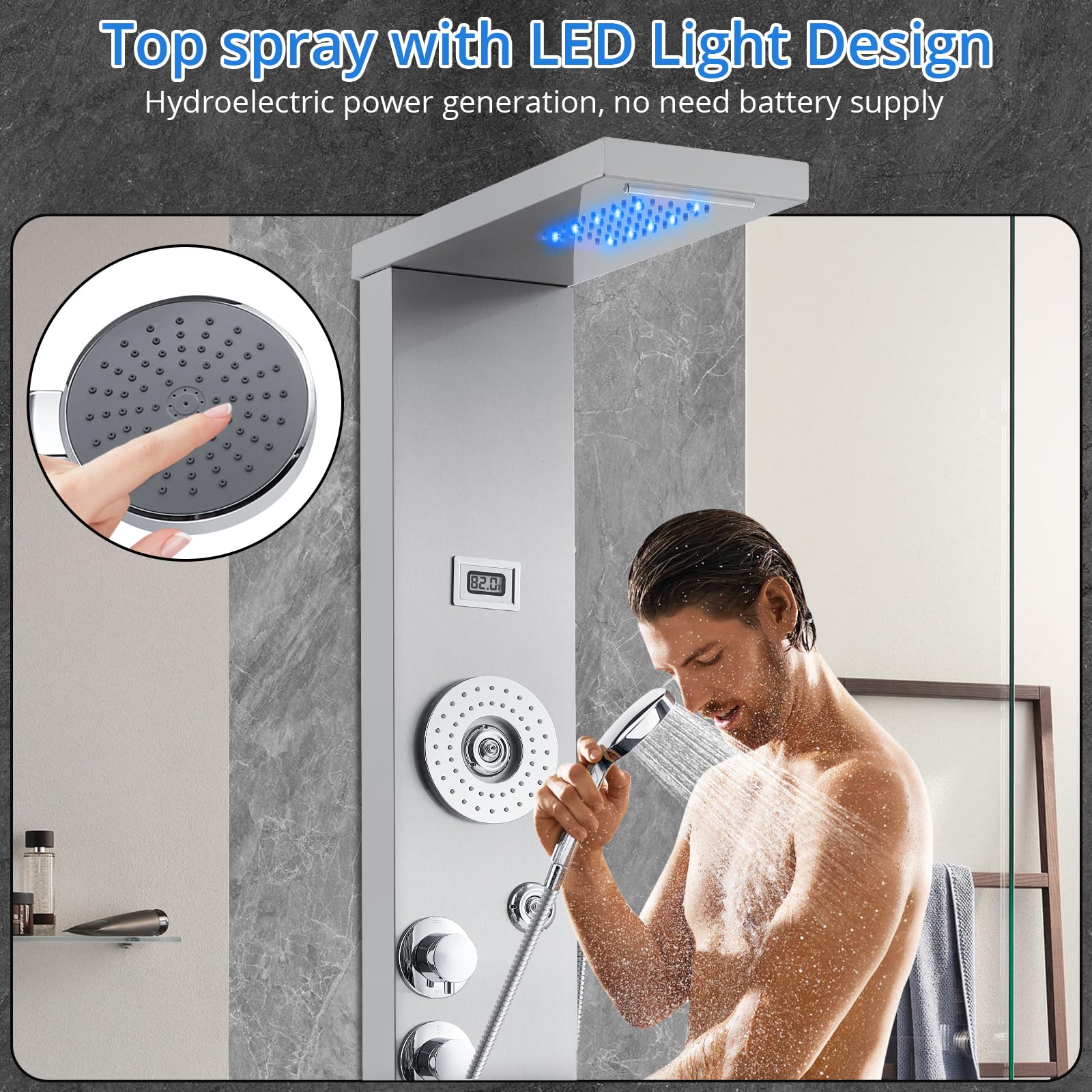 6-in-1 Stainless Steel Shower Panel Tower System with LED Rainfall, Waterfall & Handheld Shower Head - Wall Mounted Bathroom Faucet Set (Silver) | Perfect for Modern Home Spa, Luxury Bathroom Renovation & Relaxing Shower Experience