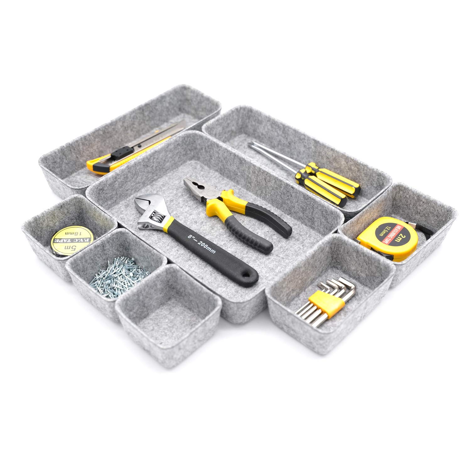 Welaxy 8-Pack Gray Felt Drawer Organizer Trays - Sturdy & Flexible Storage Bins for Office, Jewelry, Makeup, Crafts, Silverware & Tools | Perfect for Home, Office & Travel Organization