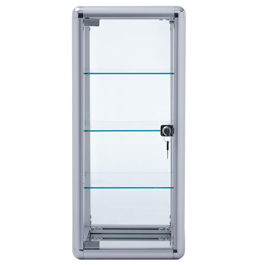 4-Shelf Glass Display Cabinet - Elegant Aluminum Table Top Tempered Glass Showcase with Sliding Door & Lock | Perfect for Bedroom, Living Room Decor | Display Jewelry, Collectibles & Home Decor Items