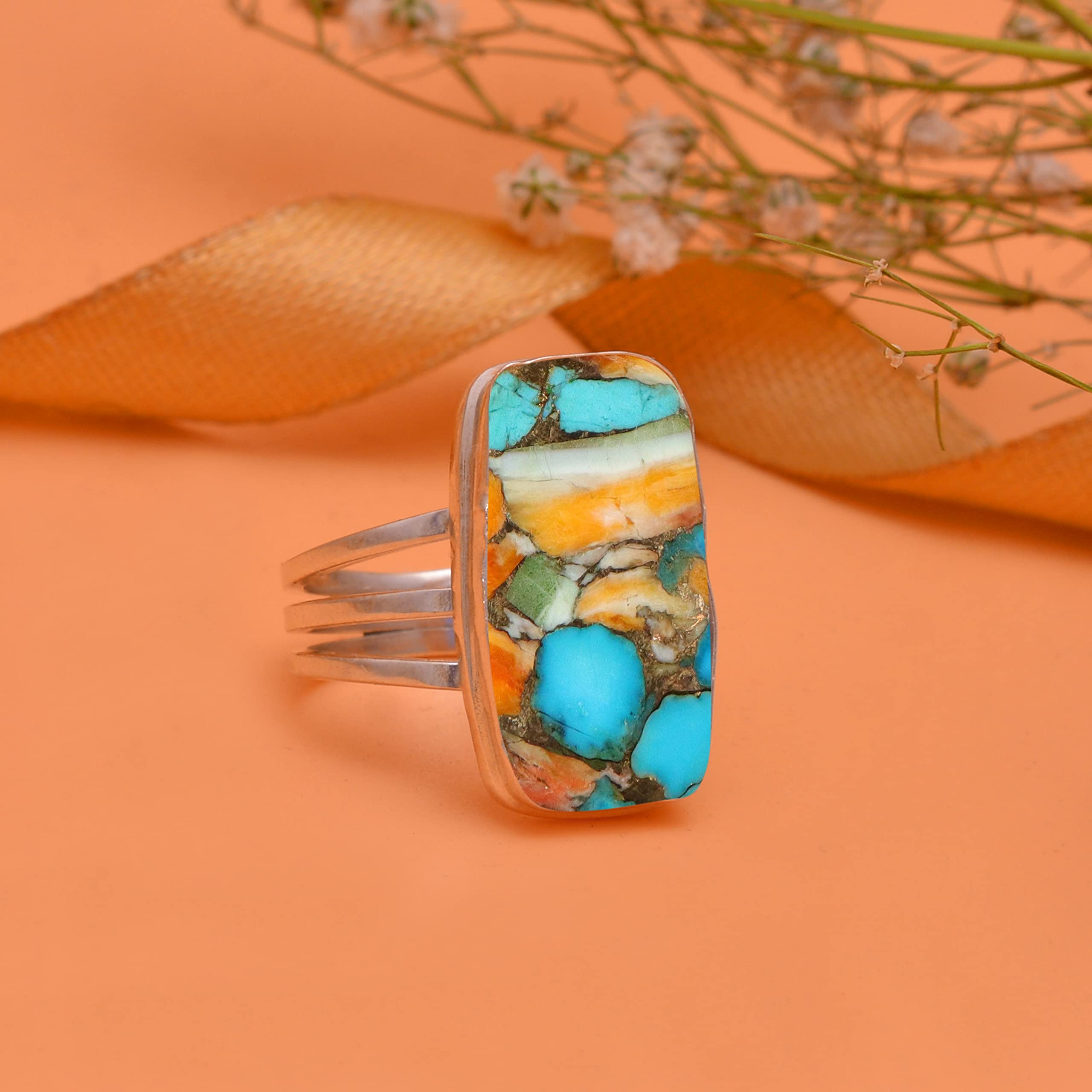 Veracity Jewelry 925 Sterling Silver Oyster Copper Turquoise Rings for Women - Kingman Mojave Mohave Spiny Oyster Healing Meditation Jewelry - Multi-Color Turquoise Ring (VSR-813) - Perfect for Boho Fashion, Spiritual Healing & Gift Giving