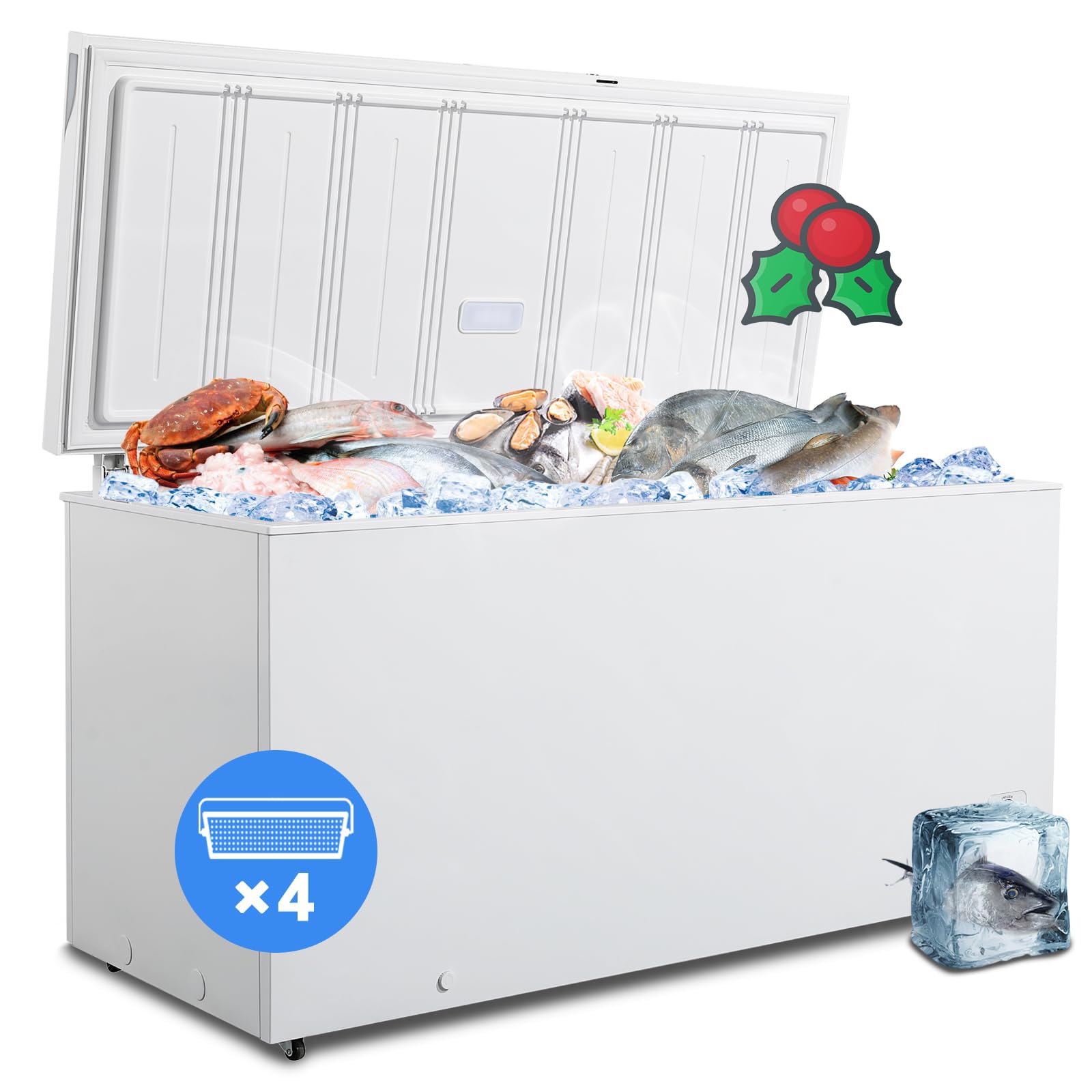 17.7 Cu.Ft. Large Chest Freezer with Adjustable Thermostat, 4 Removable Baskets & Wheels - Top Open Door, Safety Lock, White - Perfect for Home, Restaurant, or Garage Storage