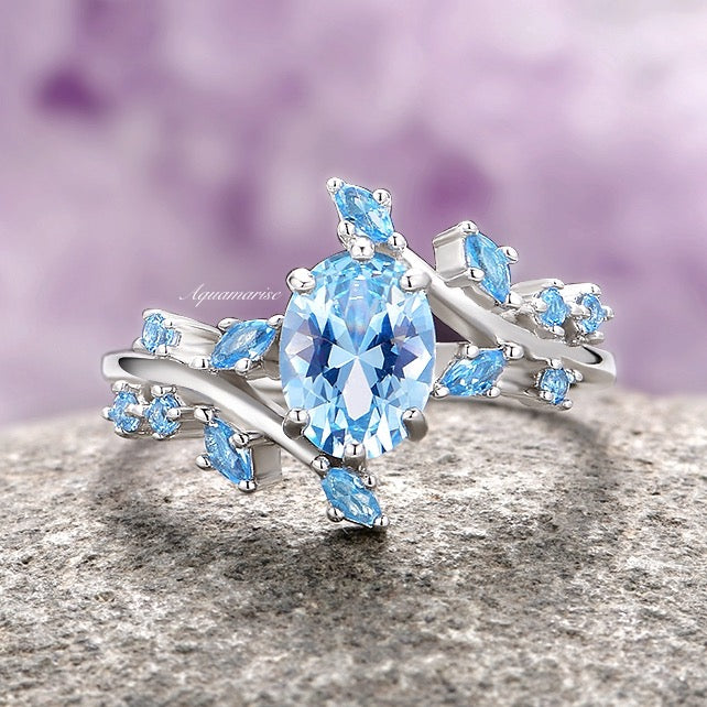 Aquamarine Leaf Fairy Engagement Ring - 925 Sterling Silver Wedding Band, Nature-Inspired Jewelry for Women - Perfect for Proposals, Anniversaries & Romantic Occasions