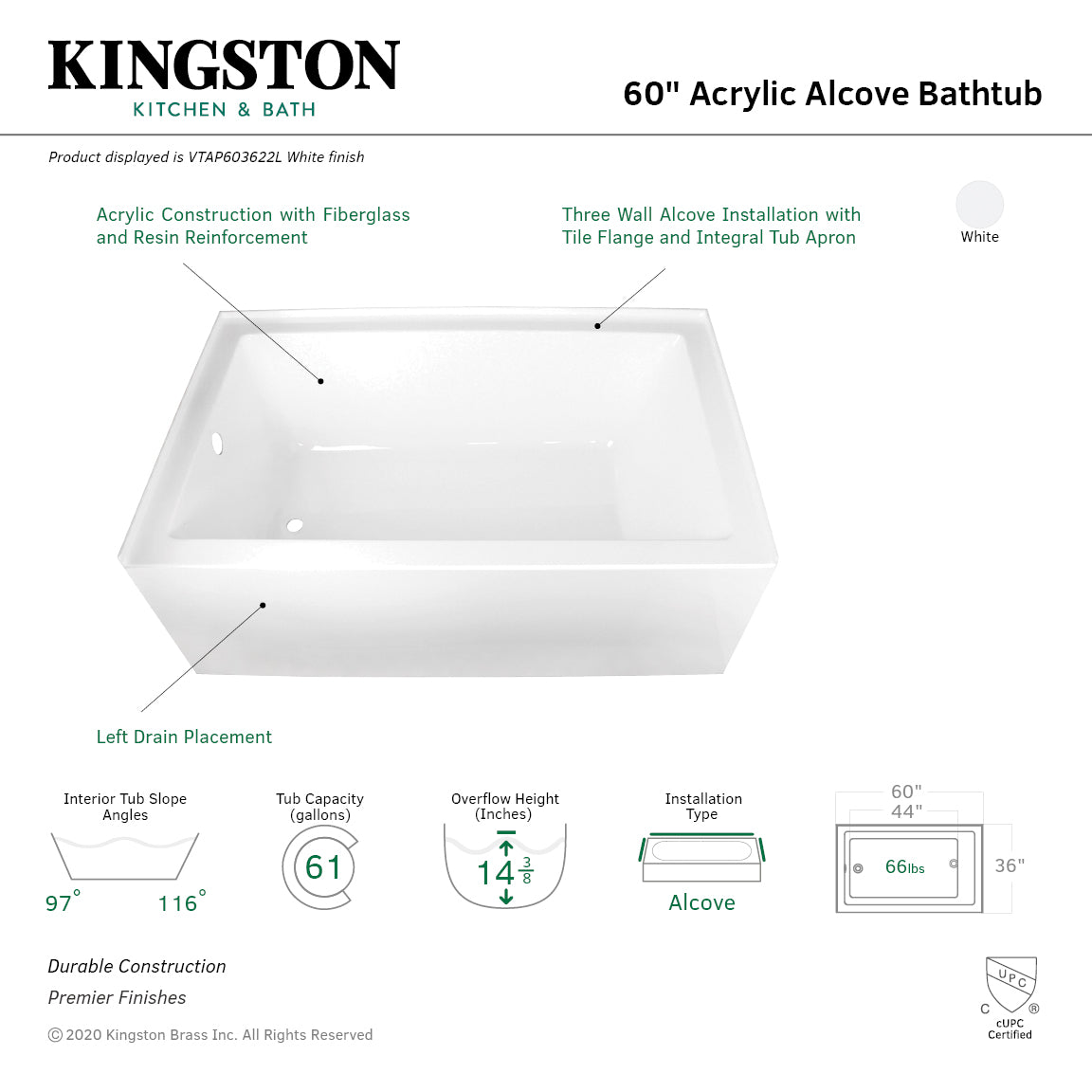 Aqua Eden VTAP603622L 60 Inch Acrylic Rectangular 3-Wall Alcove Bathtub - Left Hand Drain, Glossy White - Perfect for Modern Bathroom Renovations & Spa-Like Relaxation