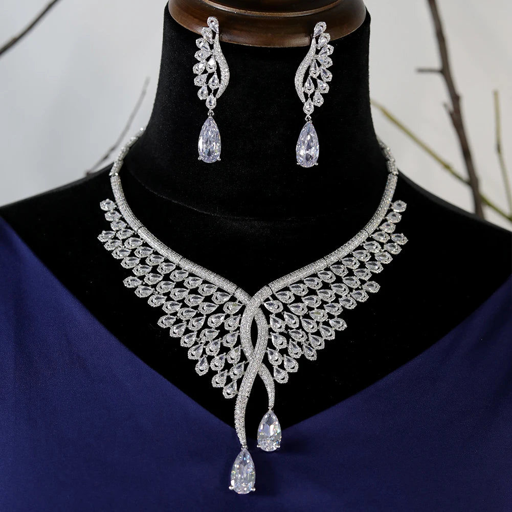 Luxury White Feather 2PCS CZ Wedding Jewelry Set for Women - Elegant Bridal Necklace & Earrings Set - Perfect for Dubai Weddings, Bridal Showers & Special Occasions