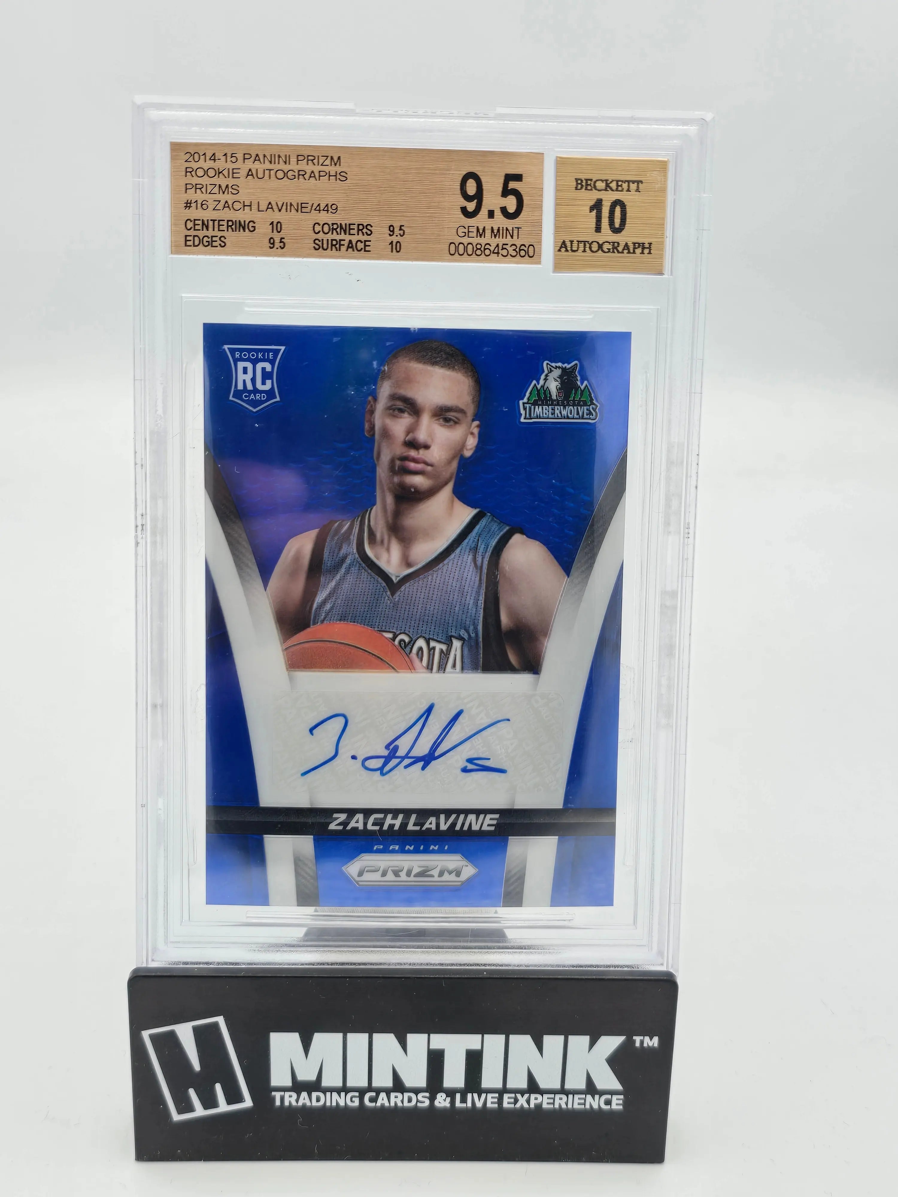 2014 Panini Prizm Zach LaVine Rookie Card Blue Prizm Auto BGS 9.5/449 - NBA Basketball Collectible for Display & Investment