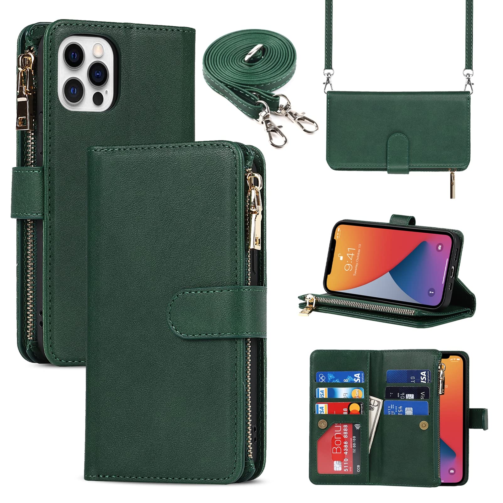Jaorty iPhone 12 Pro Max Wallet Case (6.7 Inch) - PU Leather Phone Case with Card Holder, Zipper Pocket & Adjustable Crossbody Strap - Dark Green - Perfect for Women's Daily Use, Shopping & Travel