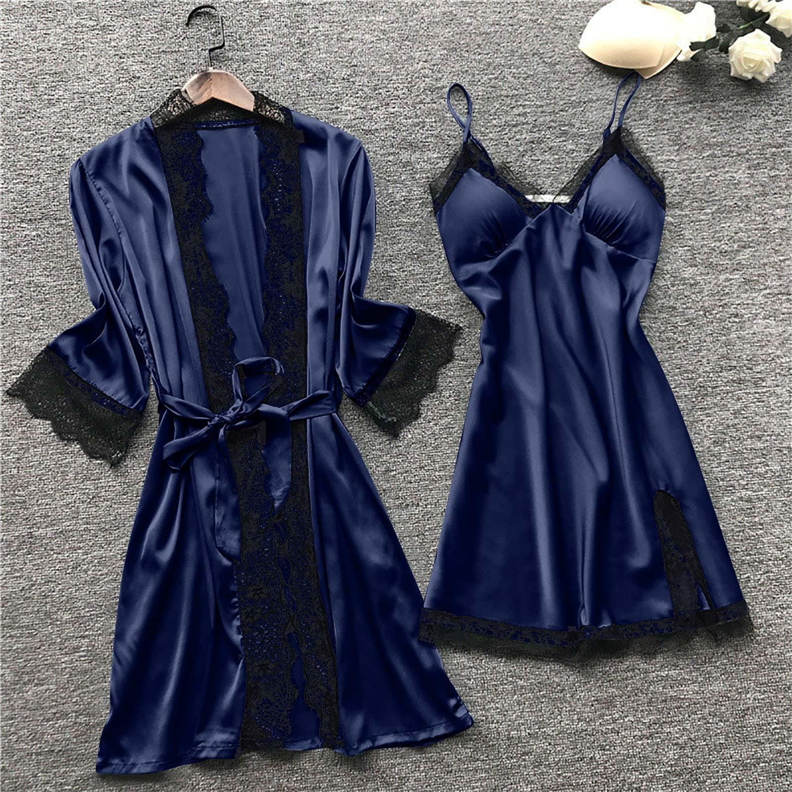 Luxury 4-Piece Silk Pajama Set for Women - Soft Lace Trim Robe & Nightgown Sleepwear Lounge Outfit for Comfortable Sleep & Relaxation at Home