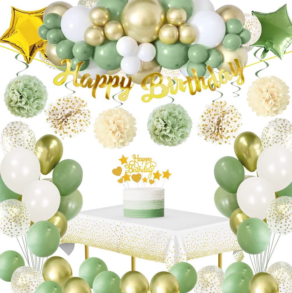 SIMSPEAR Avocado Green & Gold Birthday Party Decorations Set - Happy Birthday Banner, Cake Topper, Tablecloth, Balloons for Women & Men | Perfect for Adult Birthday Parties, Anniversary Celebrations & Special Events