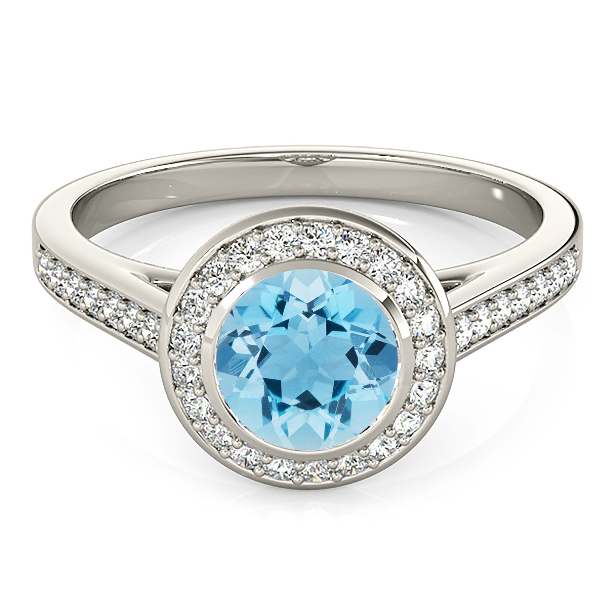 1.10 Carat Genuine Aquamarine Halo Ring with Delicate Diamond Band - Elegant Wedding, Engagement & Anniversary Jewelry Gift for Women