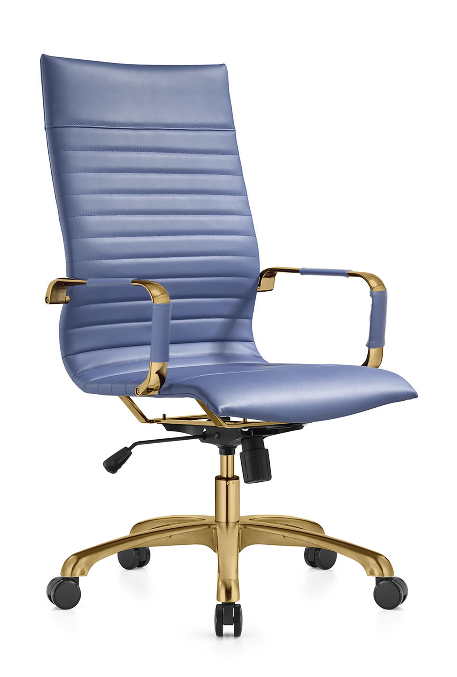 LeisureMod Harris High-Back Ergonomic Office Chair - Modern Leather Executive Chair with Gold Metal Frame, Ribbed Back Design, 360° Swivel & Adjustable Height - Perfect for Home Office, Study Room & Workspace - Ideal for Long Hours of Comfortable Sitting