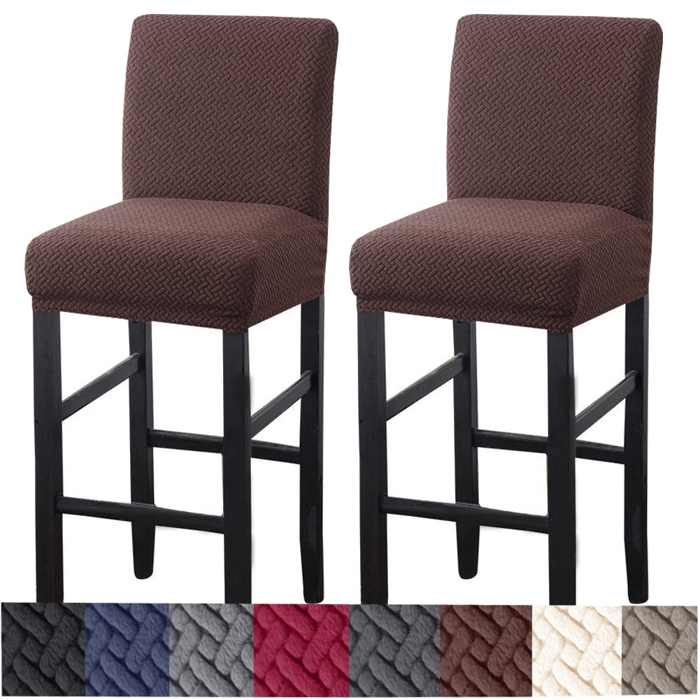 Stretch Bar Stool Covers 2 Pack - Jacquard Fabric Slipcovers with Back & Elastic Bands for Pub, Counter & Coffee Shop Stools - Durable & Stylish Seat Covers for Home & Commercial Use