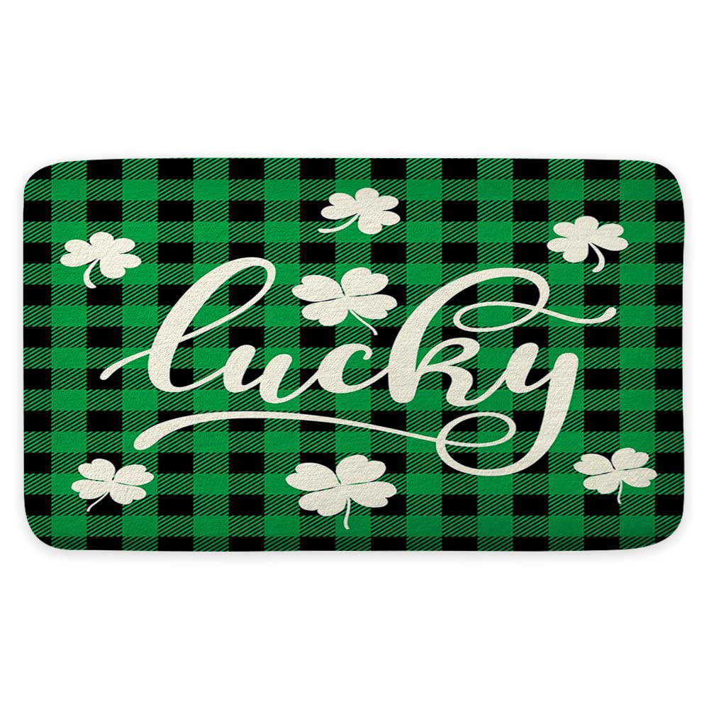 St. Patrick's Day Buffalo Check Plaid Bath Mat - 17x29 Inch Shamrock Clover Leaf Decor Non-Slip Farmhouse Bathroom Rug for Holiday Home Decor & Irish Themed Parties
