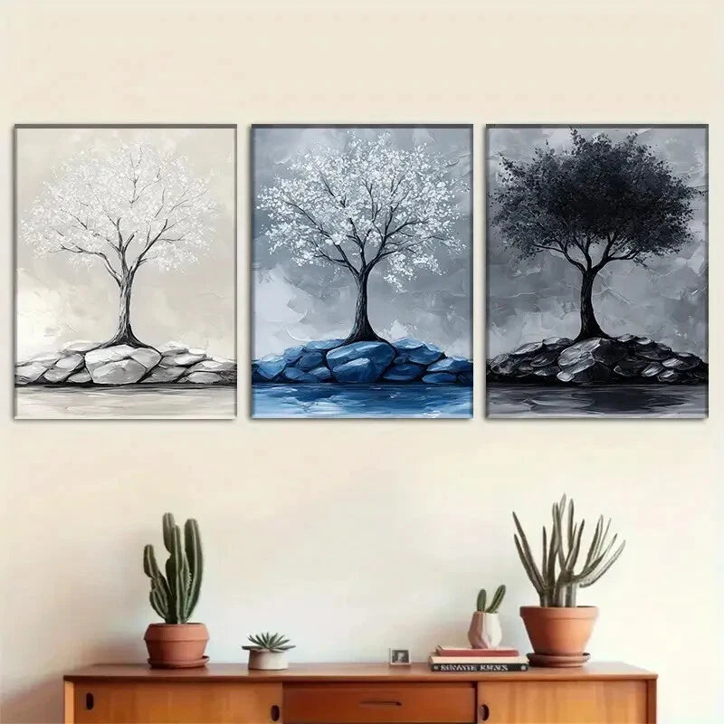 3-Piece Abstract Tree Canvas Art Set - Metal Print Wall Decor Ready to Hang - Perfect for Living Room, Bedroom & Office Decor