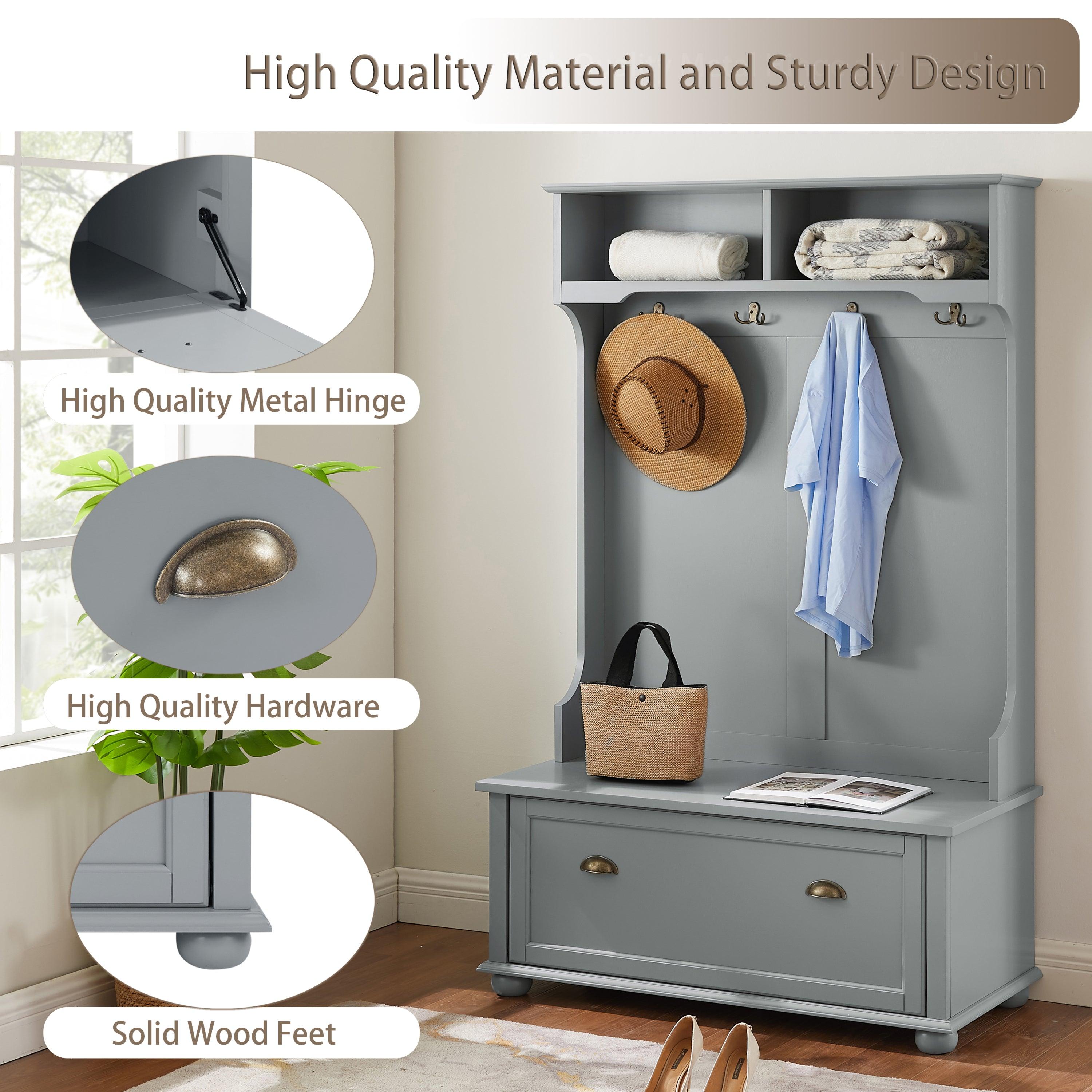 Classic Coastal Style Hall Tree Entryway Bench with Open Shelves & Shoe Storage - Solid Wood Feet, Gray (40W x 18.5D x 64.5H) - Perfect for Mudroom Organization & Small Space Entryway Decor