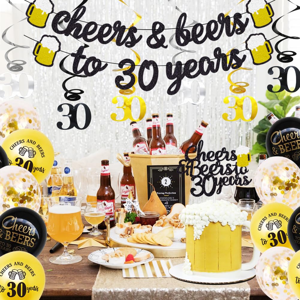 Black and Gold 30th Birthday Party Decorations for Men - Happy 30th Birthday Banner, Cake Topper, Photo Props & Party Supplies Set - Perfect for Husband's Milestone Celebration, Anniversary Gifts & Themed Parties (Cheers to 30 Years)