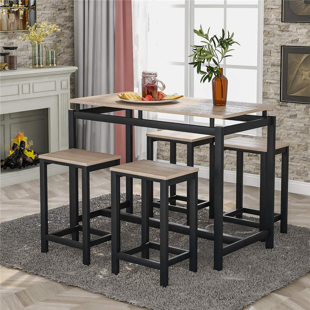 5 Piece Industrial Modern Kitchen Counter Height Table Set with Wood Desktop & Metal Frame (Oak) - Perfect for Small Dining Rooms, Breakfast Nooks & Compact Spaces