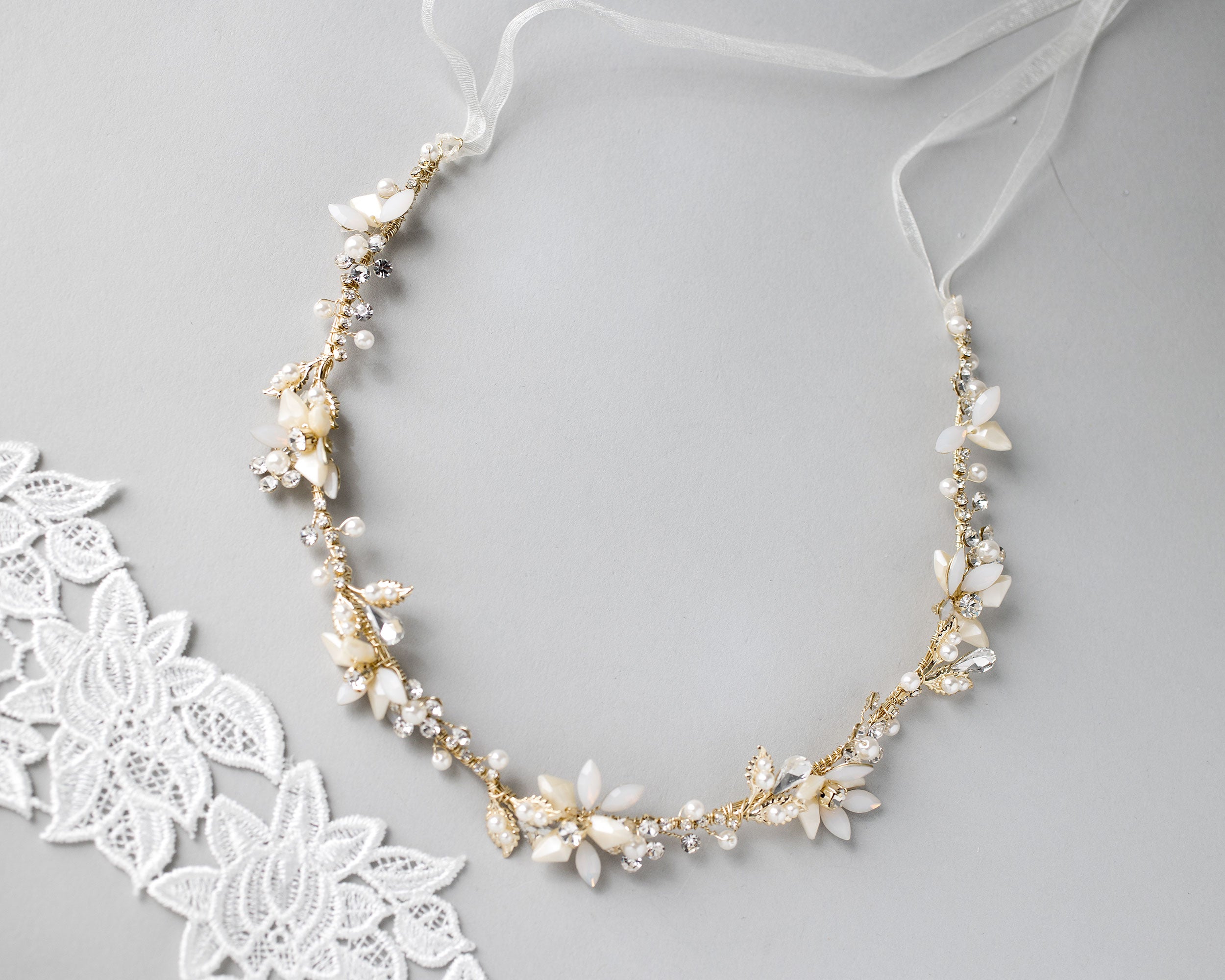 Opal and Gold Beaded Flower Bridal Headpiece – Elegant Wedding Hair Accessory for Brides, Bridesmaids & Boho Bridal Styling
