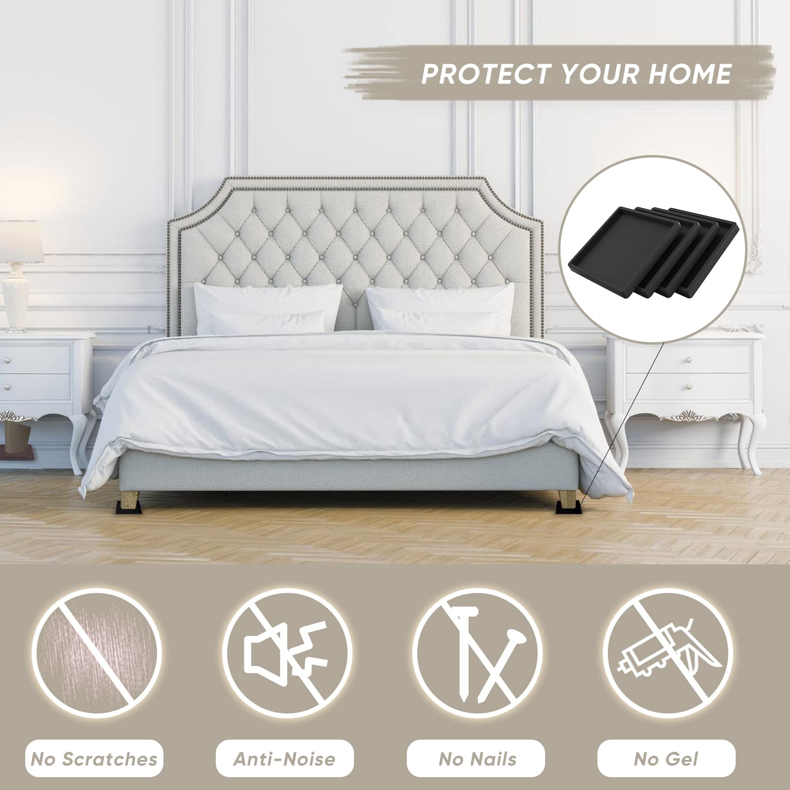 4Pcs 3.5 Inch Black Rubber Non-Slip Furniture Coasters - Heavy Duty Bed Leg Pads & Floor Protectors for Hardwood Floors - Perfect for Sofas, Chairs, Tables to Prevent Scratches & Noise Reduction