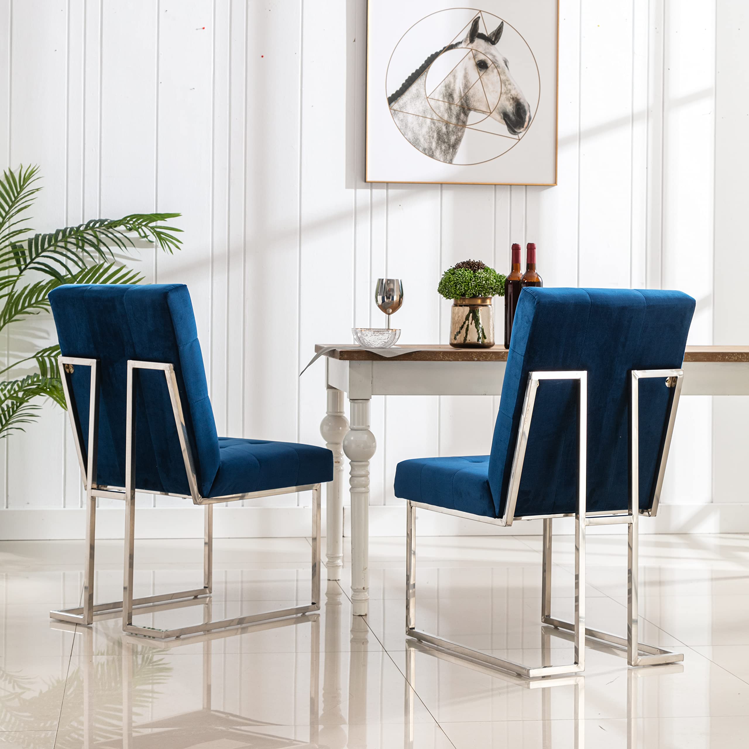Tufted Velvet Upholstered Dining Chairs Set of 2 - Modern Velvet Armless Accent Chairs with Chrome Legs for Living Room, Kitchen, Dining Room - Blue Velvet Chairs for Home Decor & Entertaining (UC-16B)