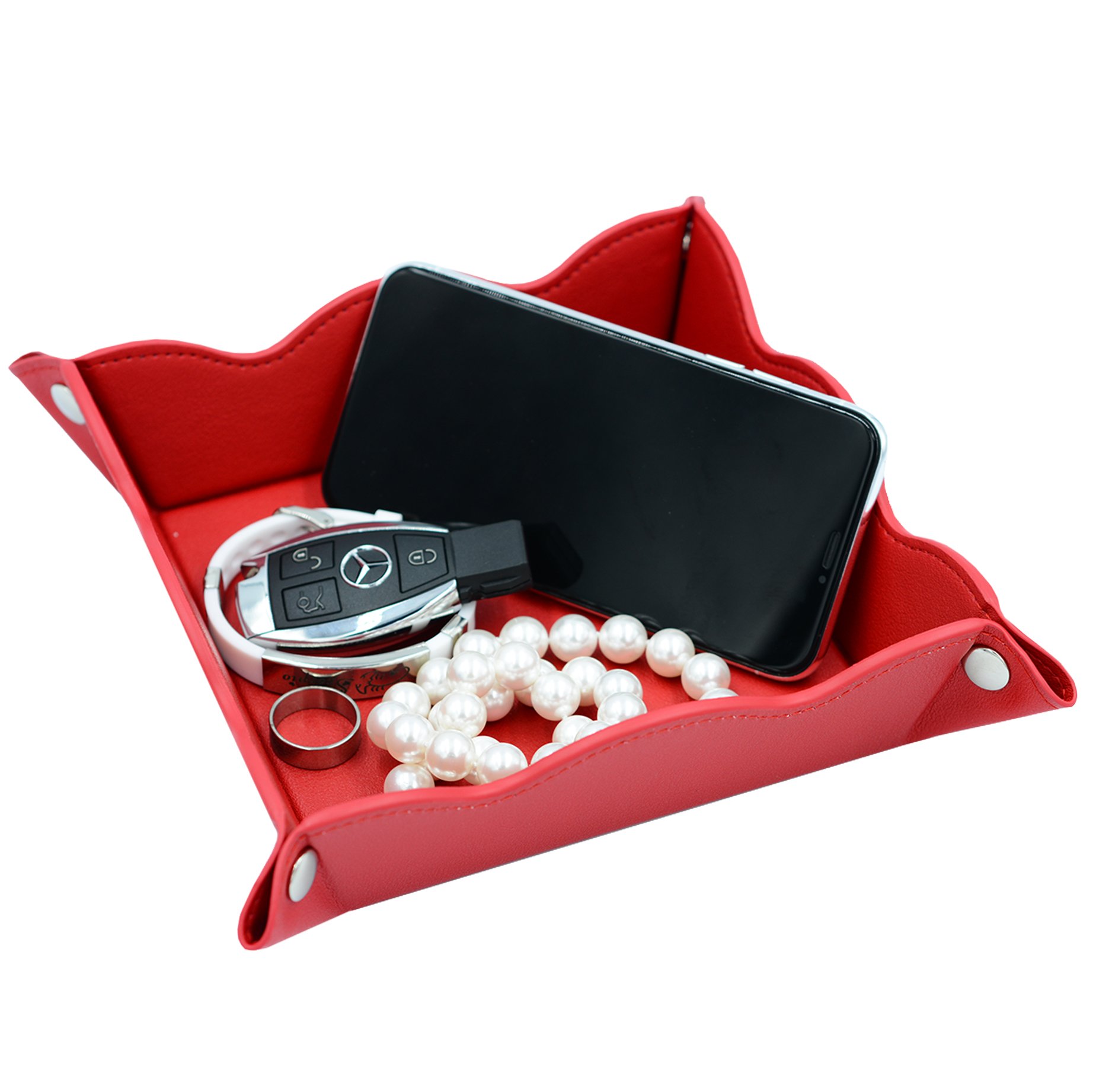 Premium Leather Valet Tray - Jewelry & Cosmetics Organizer with Multifunctional Storage Compartments (Bright Red) | Perfect for Dresser Top, Nightstand, Bathroom Counter & Travel Accessories Organization