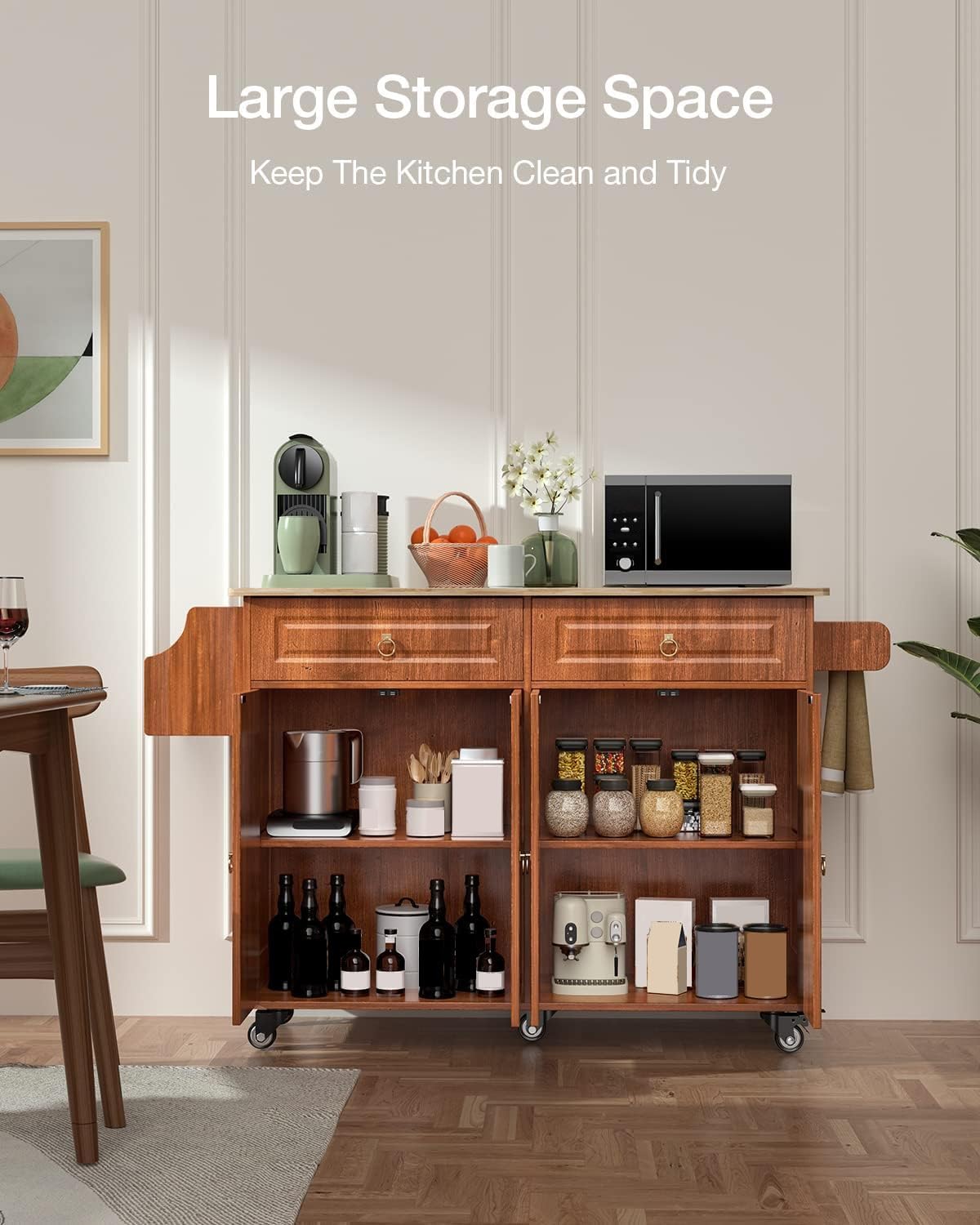 Brown Kitchen Island Cart with Drop Leaf, 2 Drawers & Spice Rack - Mobile Storage Cabinet with Towel Holder for Small Spaces - Perfect for Apartments, Dorms & Compact Kitchens